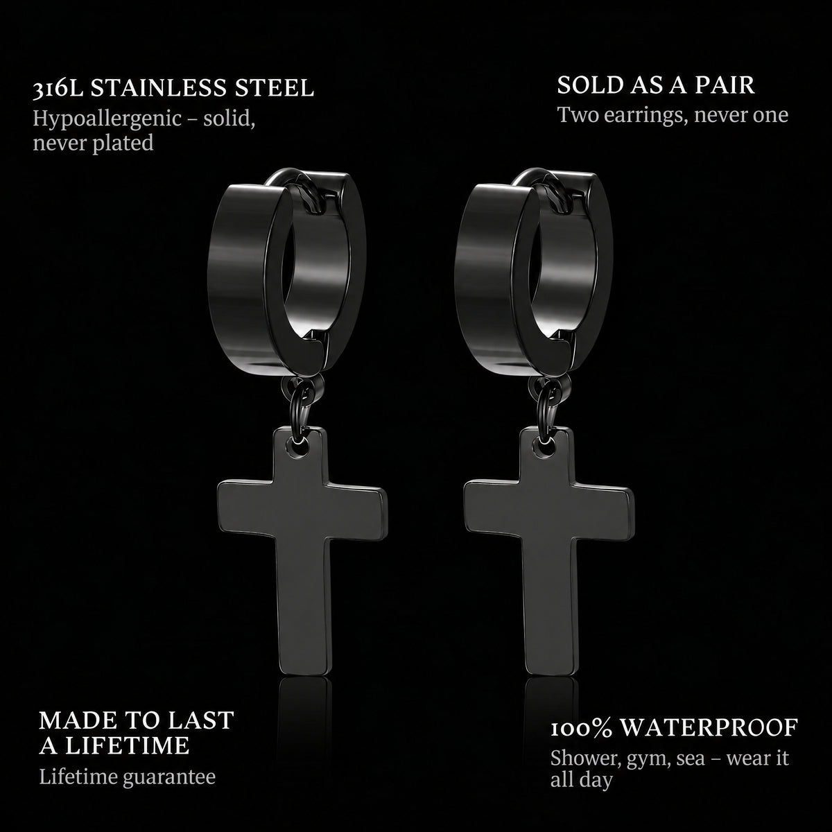 Cross Hanger Earrings Black features: 316L stainless steel, sold as a pair, 100% waterproof, lifetime guarantee