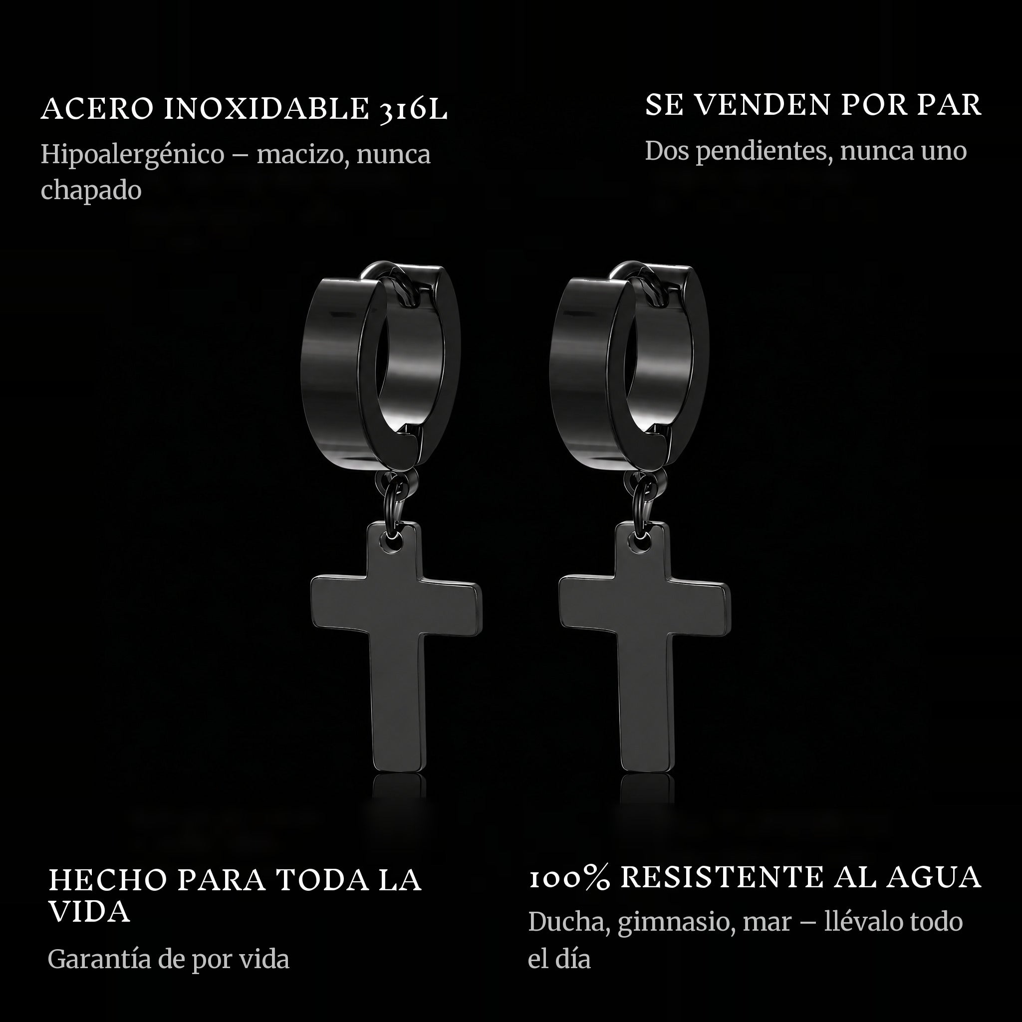 Cross Hanger Earrings Black features: 316L stainless steel, sold as a pair, 100% waterproof, lifetime guarantee