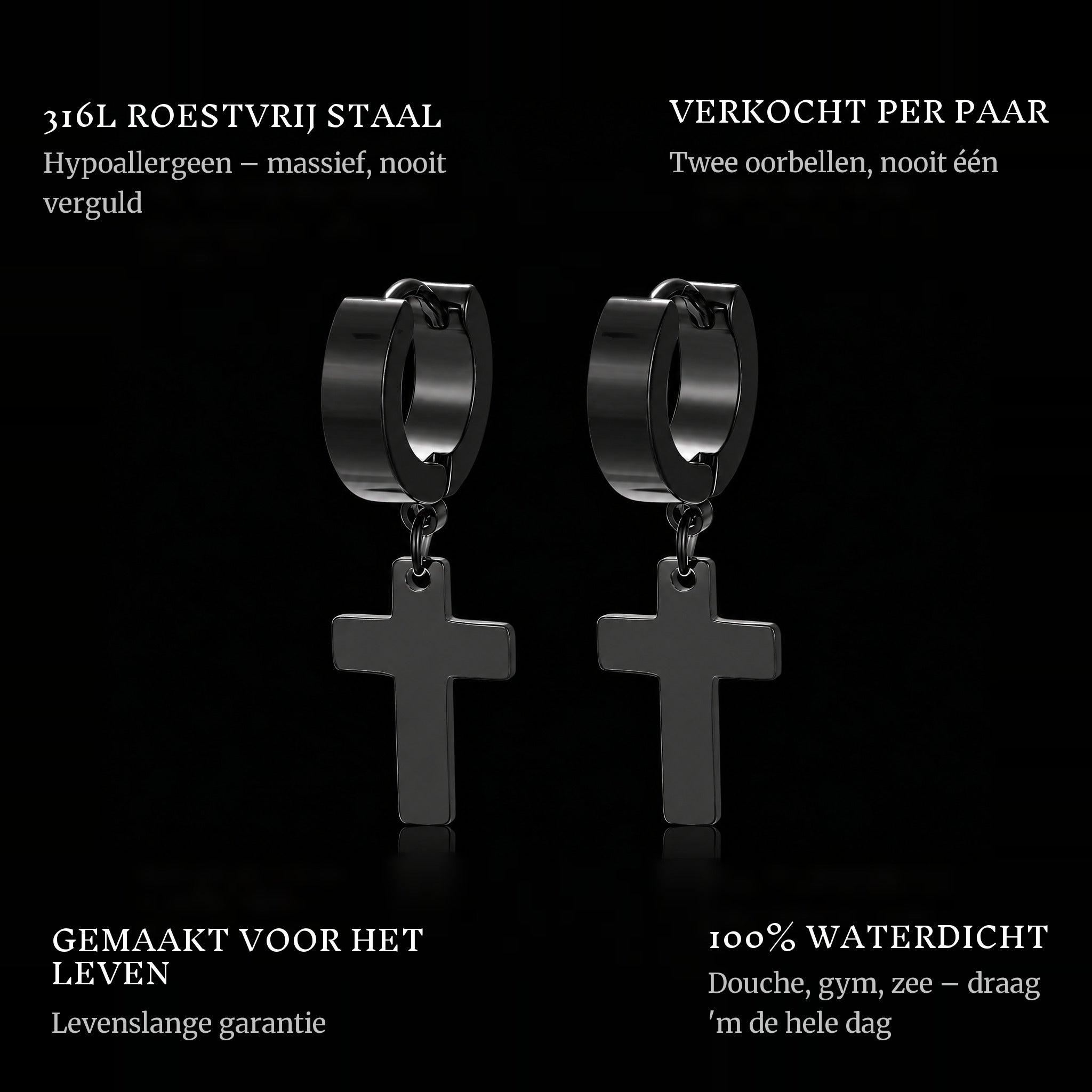 Cross Hanger Earrings Black features: 316L stainless steel, sold as a pair, 100% waterproof, lifetime guarantee