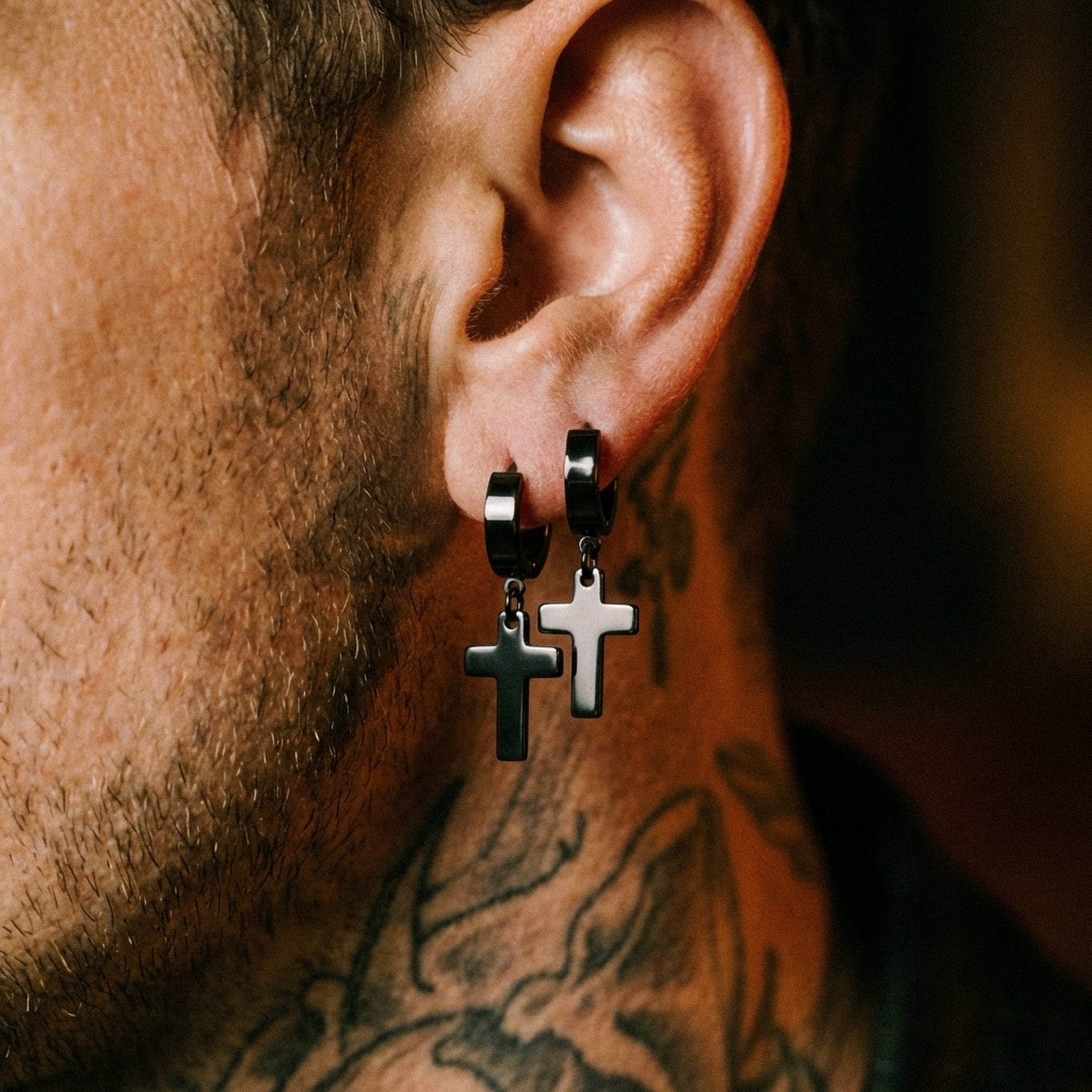 CROSS HANGER EARRINGS. - BLACK