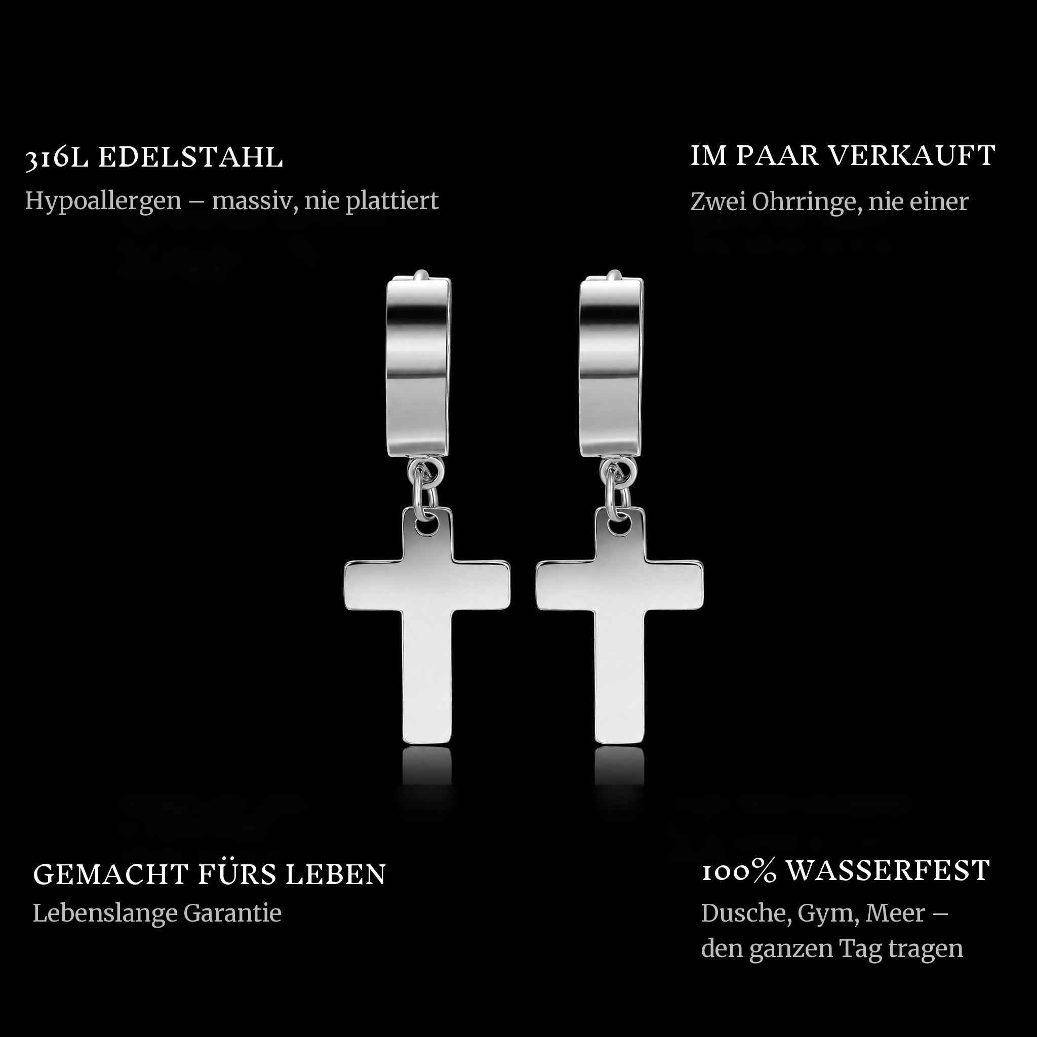 Cross Hanger Earrings Silver features: 316L stainless steel, sold as a pair, 100% waterproof, lifetime guarantee