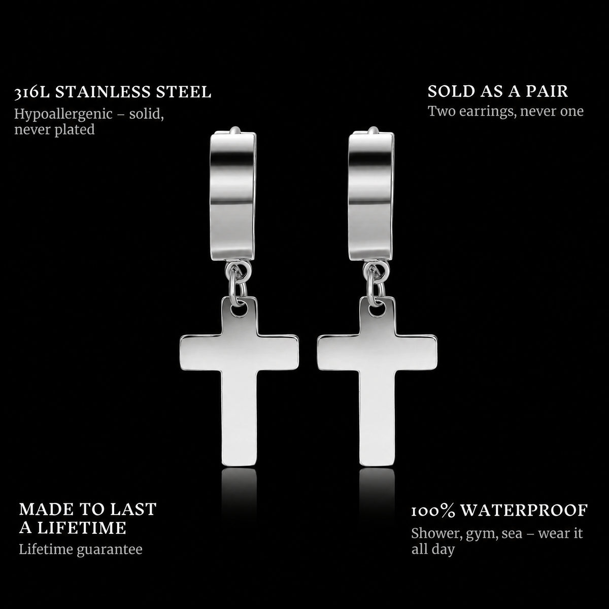 Cross Hanger Earrings Silver features: 316L stainless steel, sold as a pair, 100% waterproof, lifetime guarantee