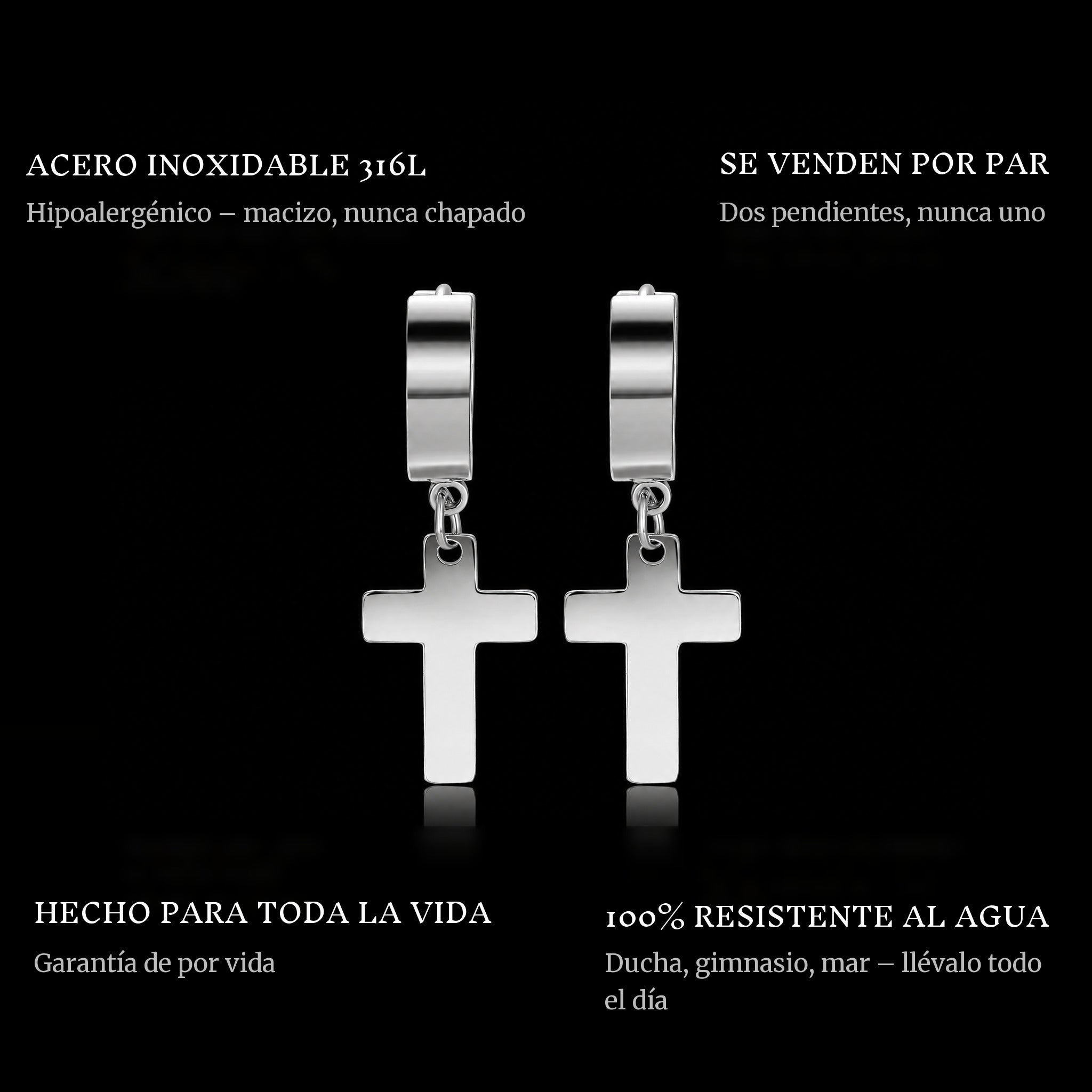 Cross Hanger Earrings Silver features: 316L stainless steel, sold as a pair, 100% waterproof, lifetime guarantee
