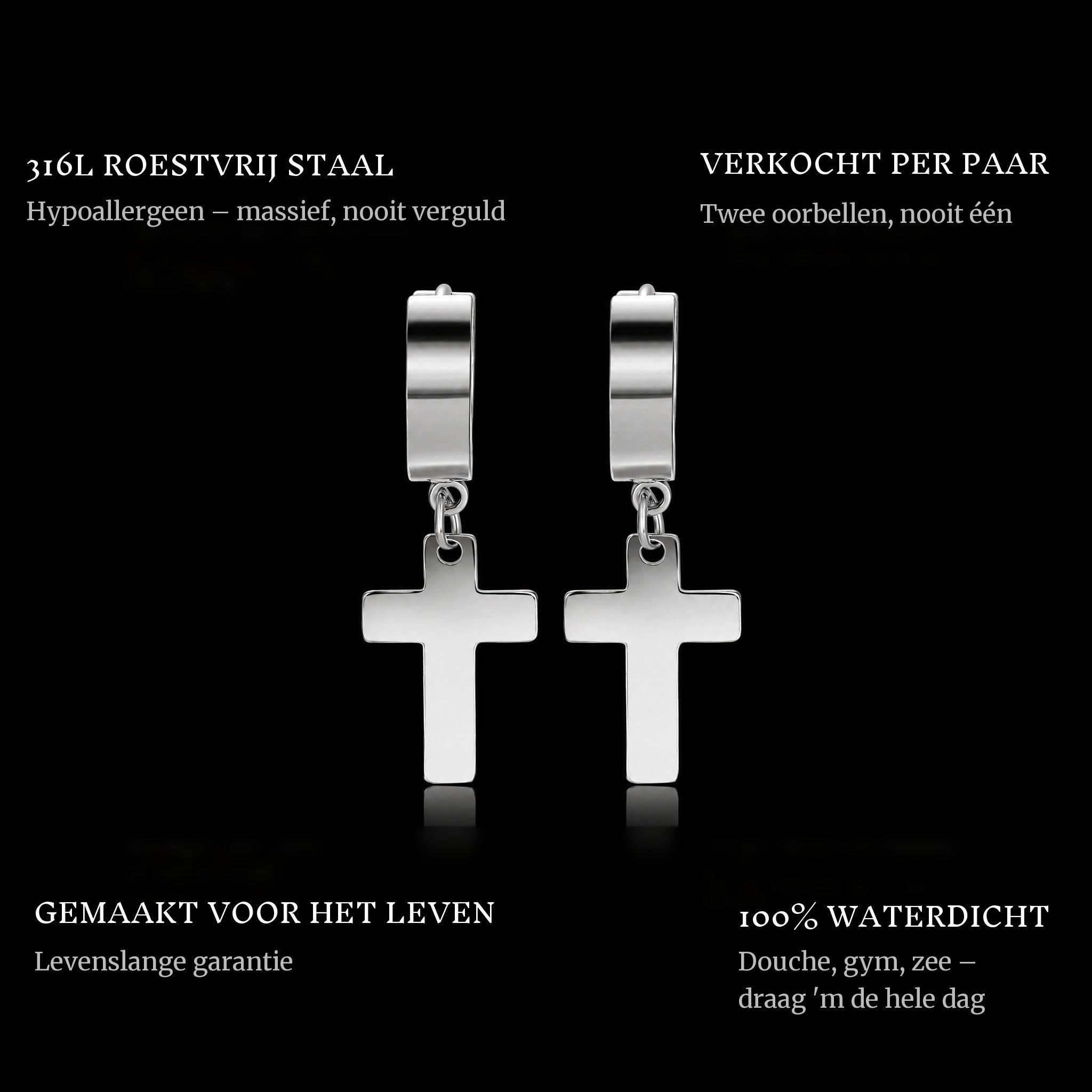 Cross Hanger Earrings Silver features: 316L stainless steel, sold as a pair, 100% waterproof, lifetime guarantee