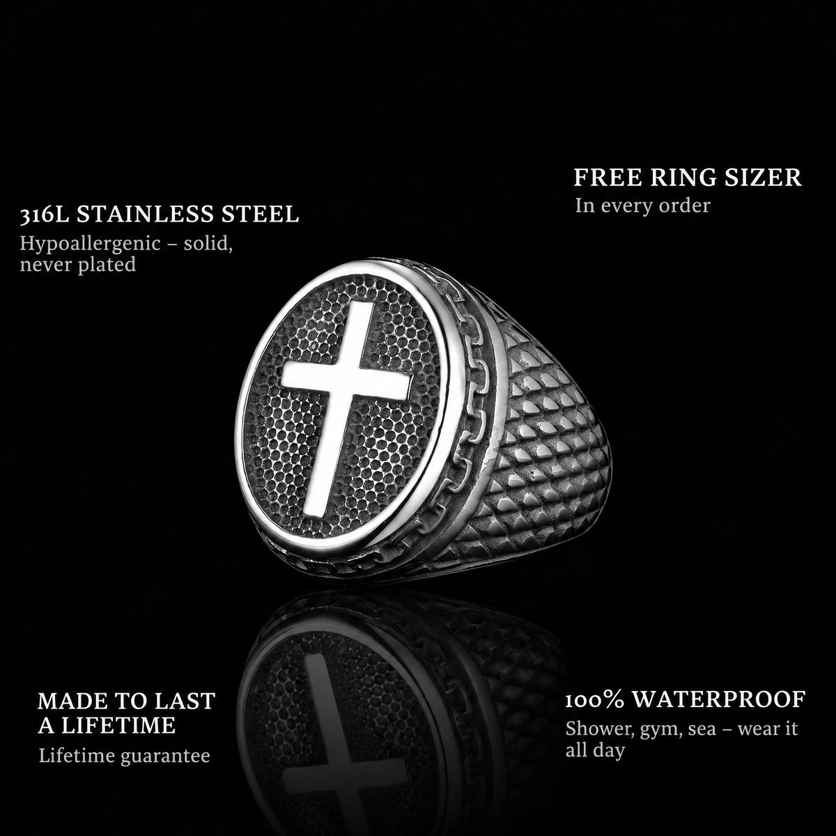 Cross It ring features: 316L stainless steel, free ring sizer in every order, 100% waterproof, lifetime guarantee
