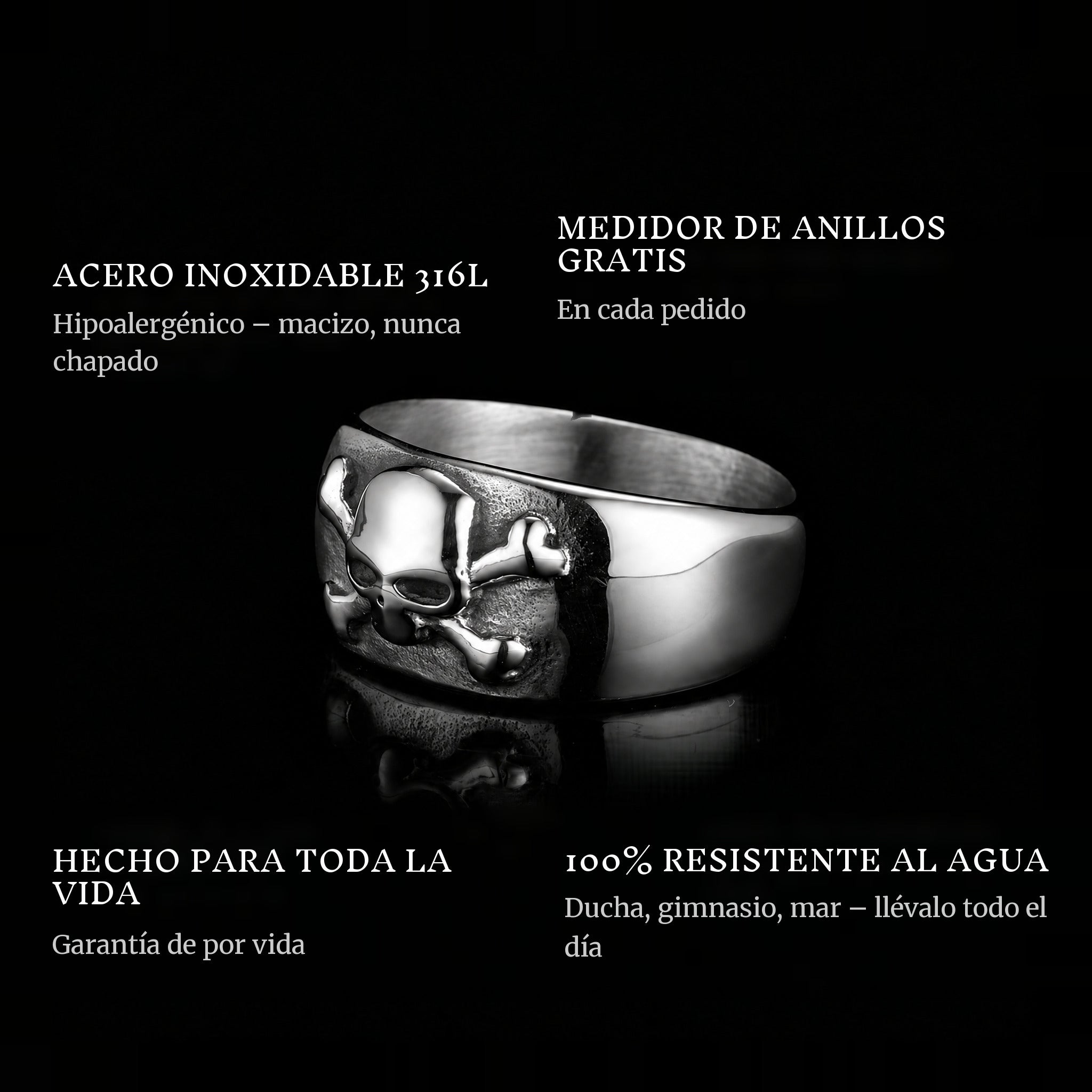 Crossbone ring features: 316L stainless steel, free ring sizer in every order, 100% waterproof, lifetime guarantee