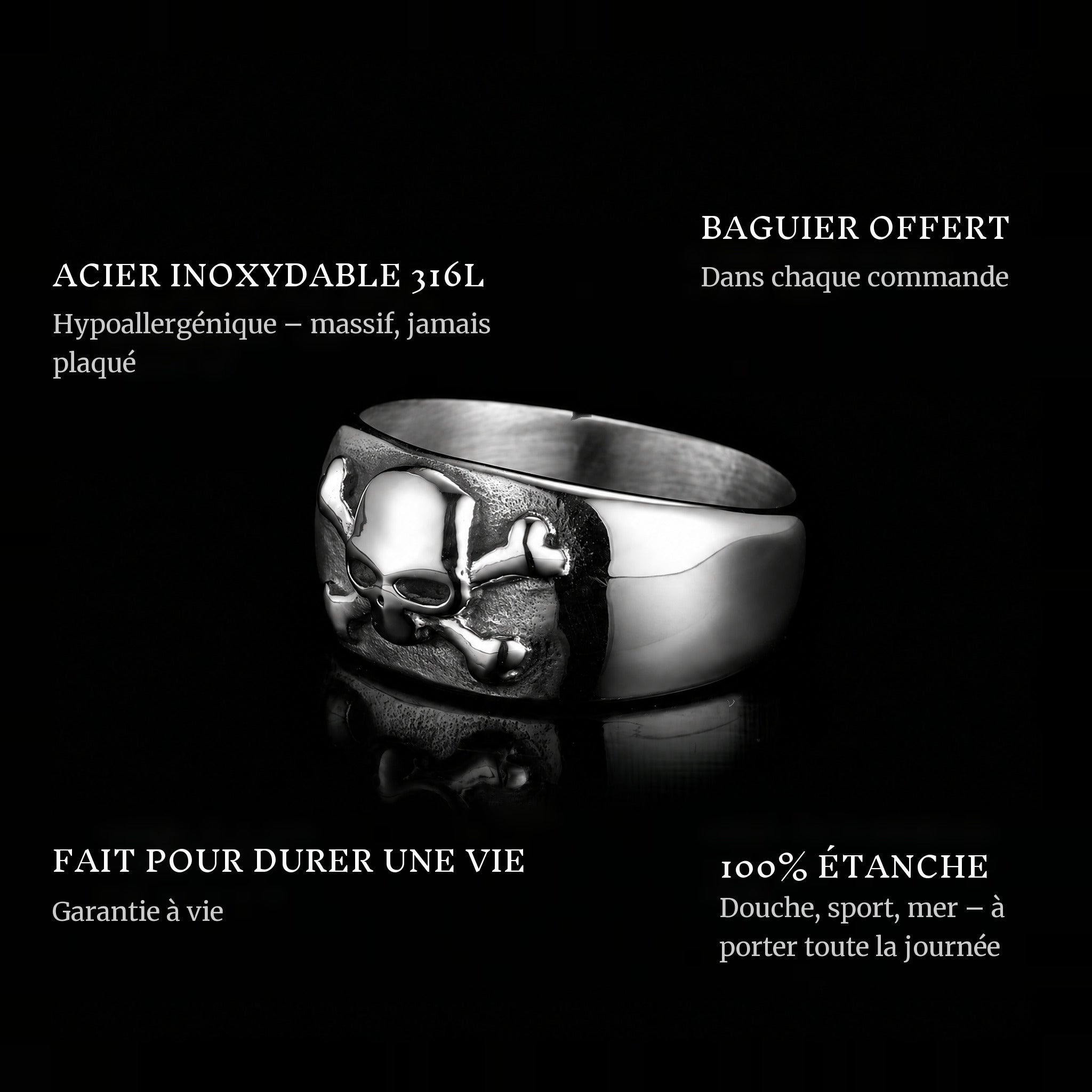 Crossbone ring features: 316L stainless steel, free ring sizer in every order, 100% waterproof, lifetime guarantee
