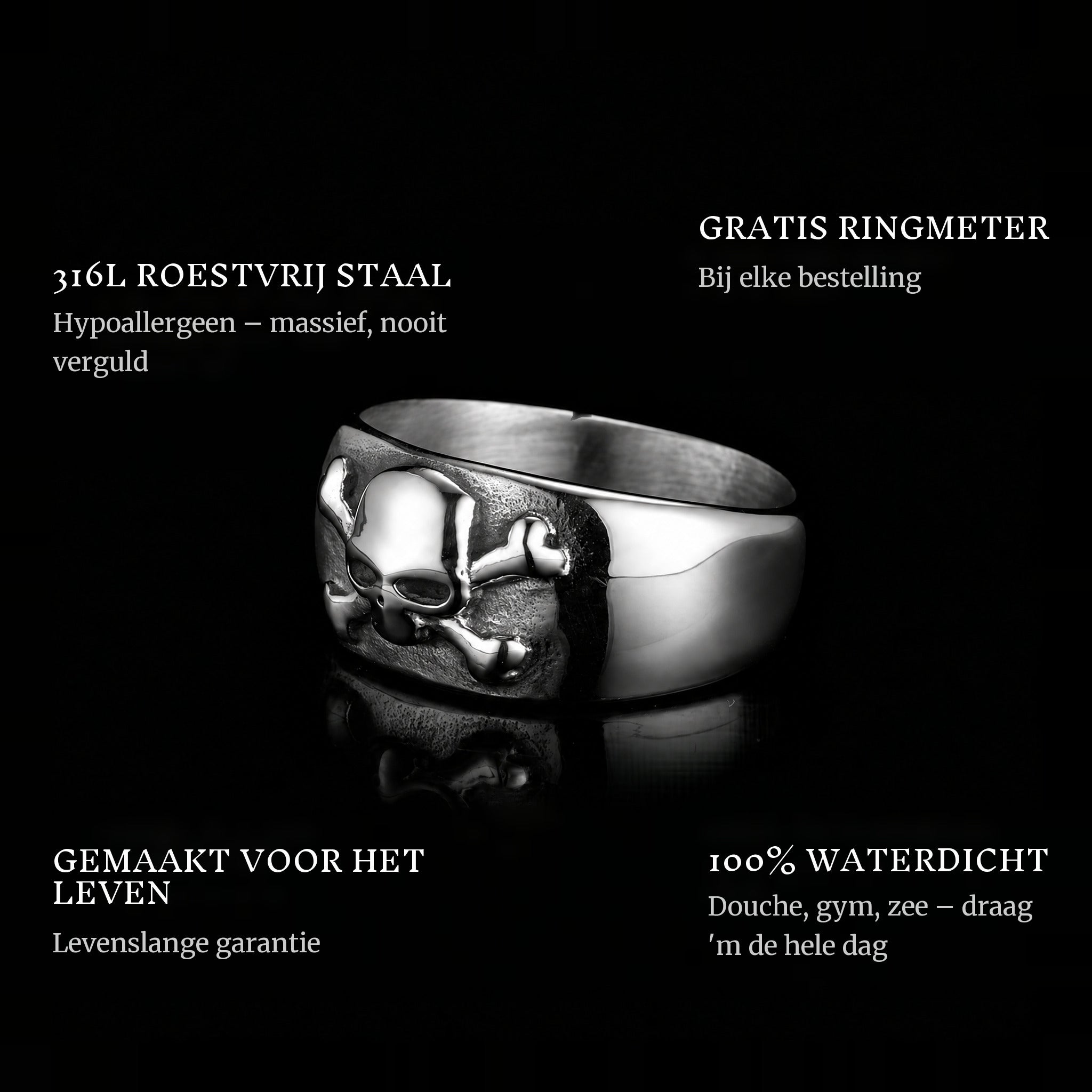 Crossbone ring features: 316L stainless steel, free ring sizer in every order, 100% waterproof, lifetime guarantee