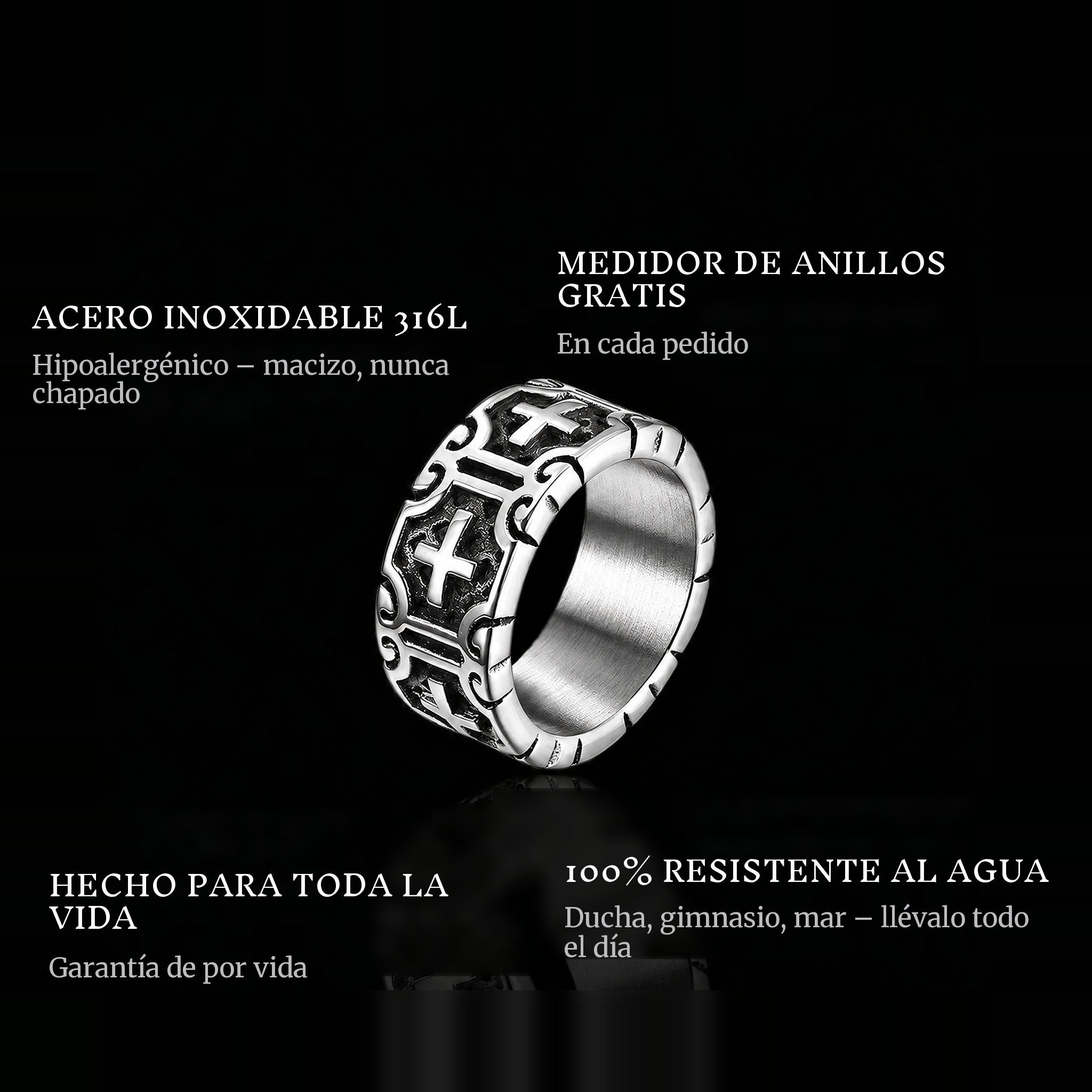 Crosses ring features: 316L stainless steel, free ring sizer in every order, 100% waterproof, lifetime guarantee
