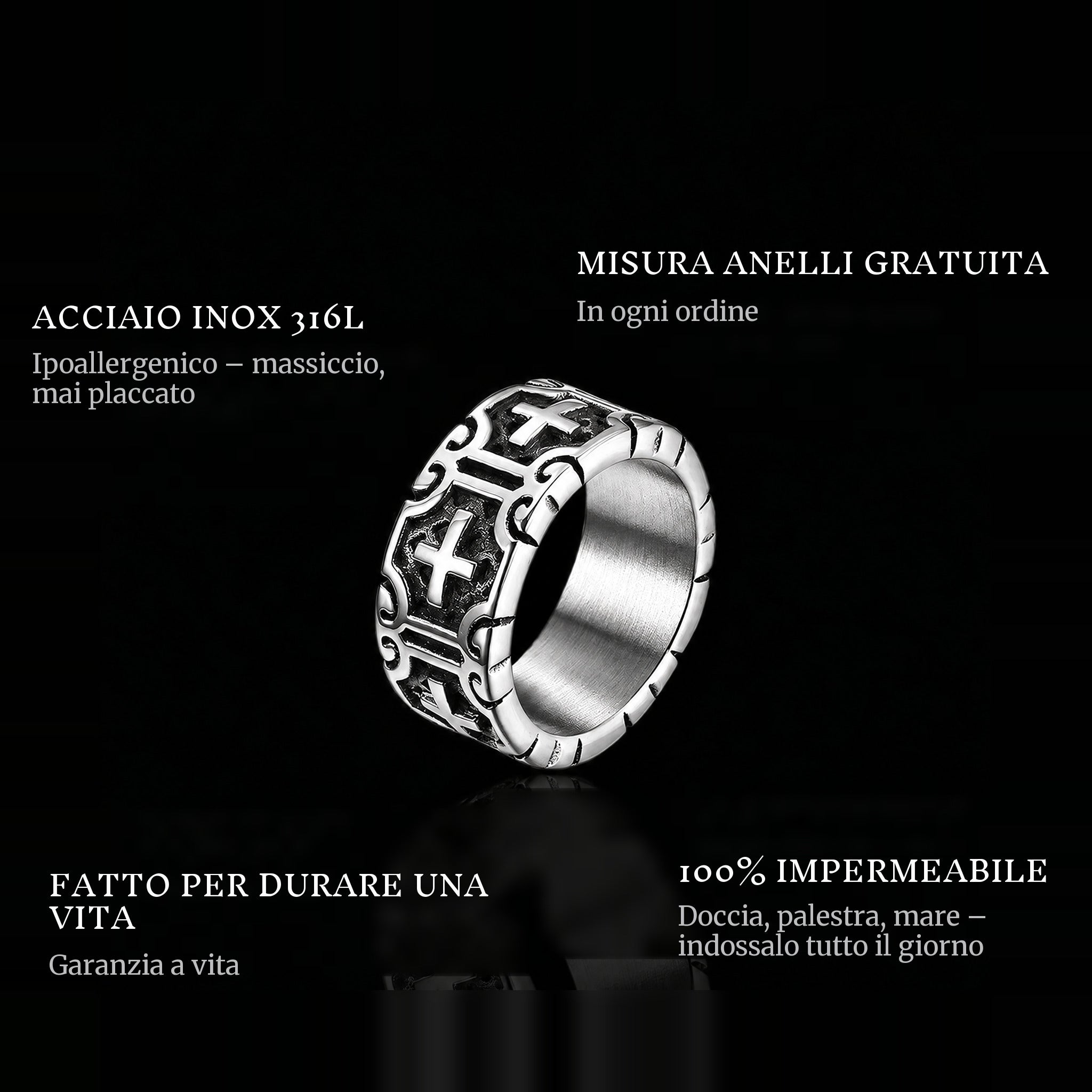 Crosses ring features: 316L stainless steel, free ring sizer in every order, 100% waterproof, lifetime guarantee