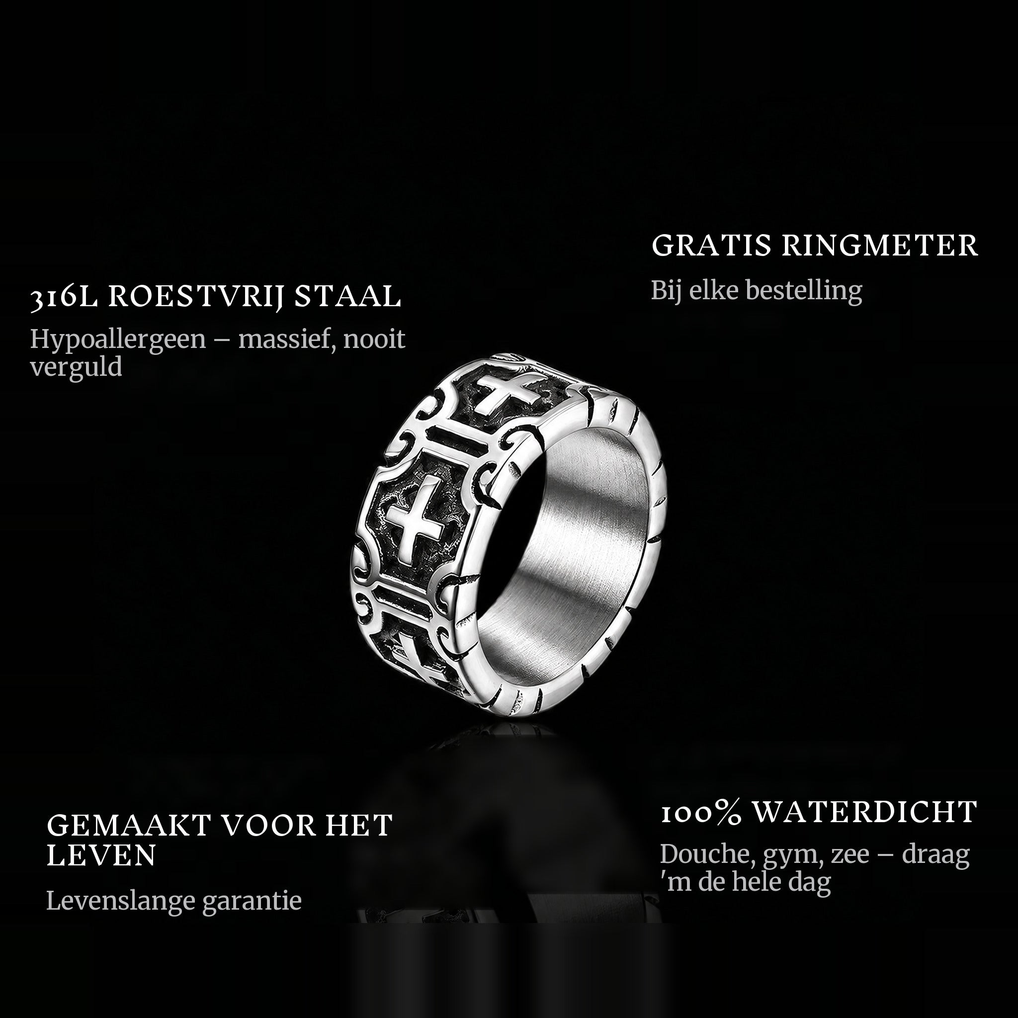 Crosses ring features: 316L stainless steel, free ring sizer in every order, 100% waterproof, lifetime guarantee
