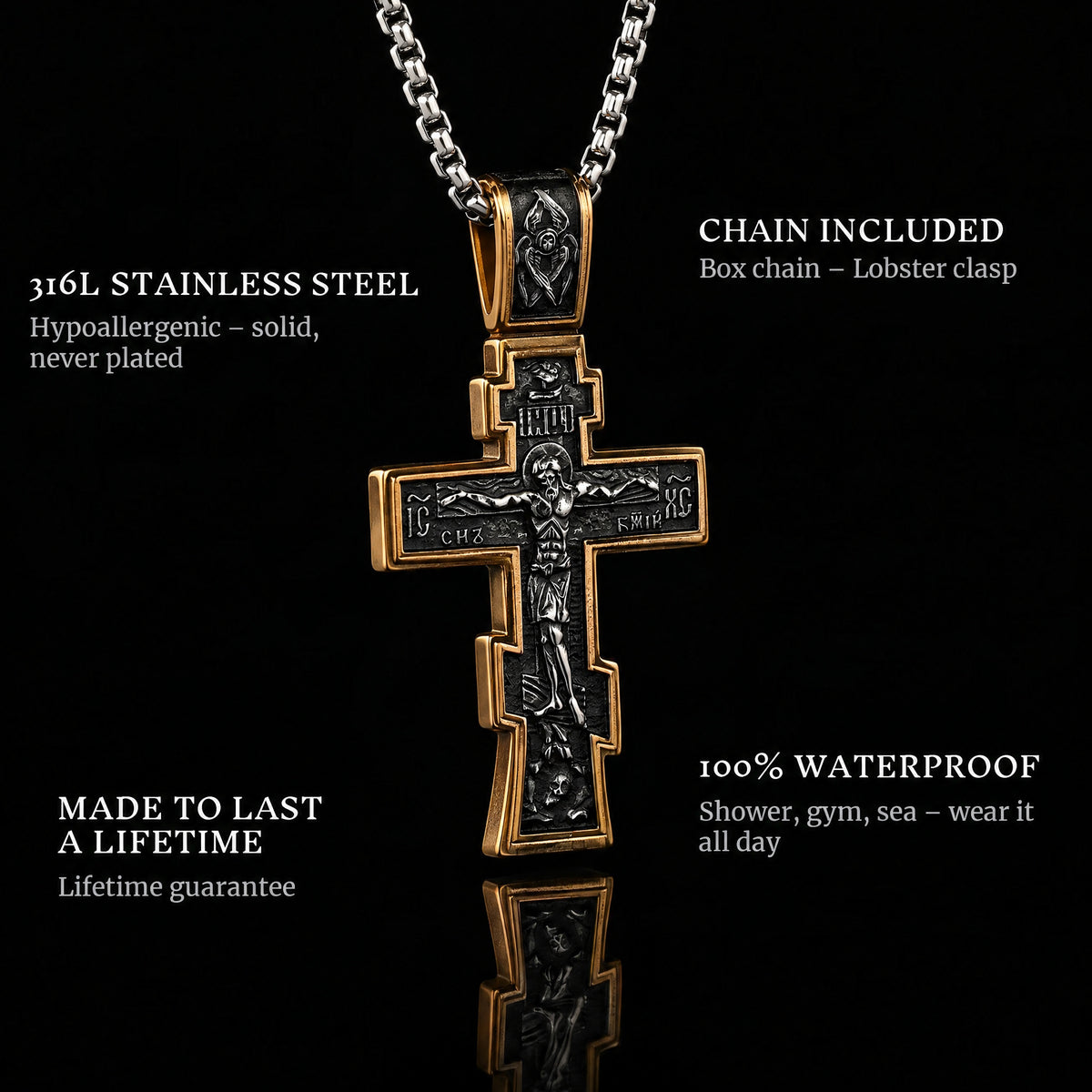 Dark Jesus Cross Gold pendant features: 316L stainless steel, chain included, 100% waterproof, lifetime guarantee