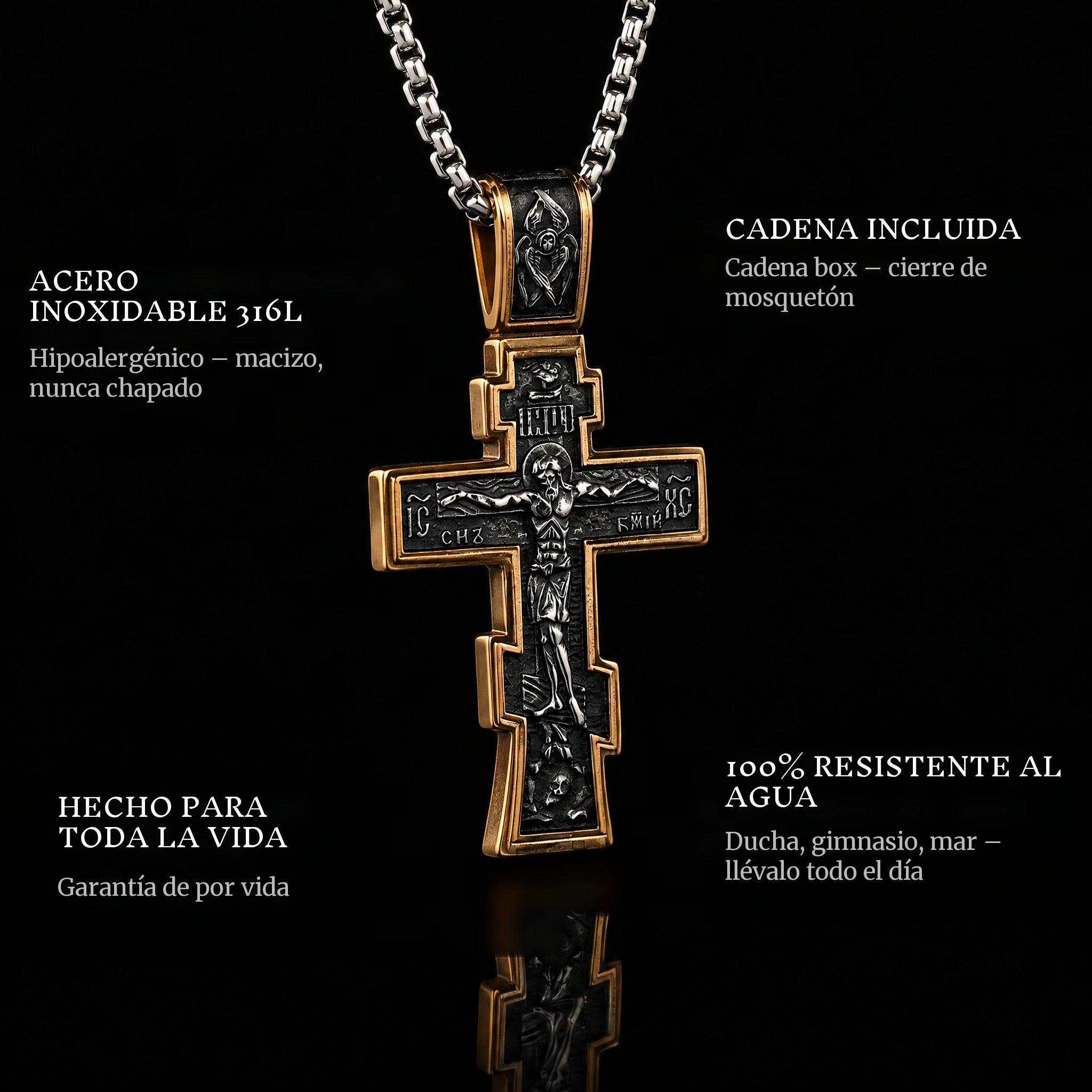Dark Jesus Cross Gold pendant features: 316L stainless steel, chain included, 100% waterproof, lifetime guarantee