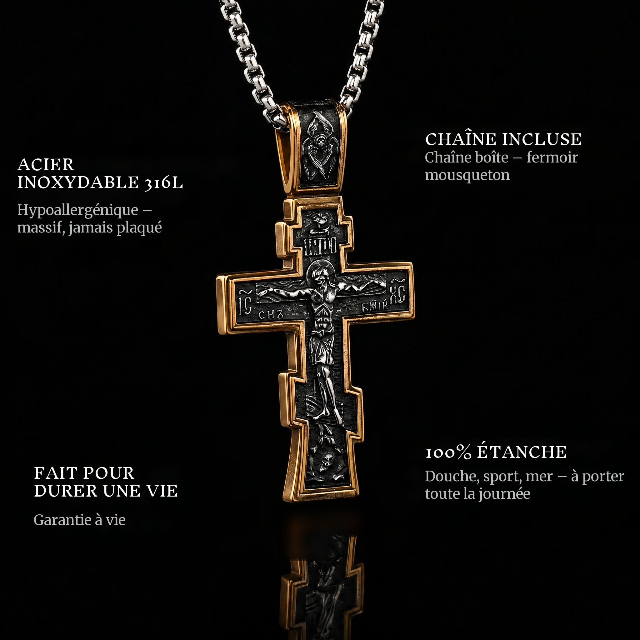 Dark Jesus Cross Gold pendant features: 316L stainless steel, chain included, 100% waterproof, lifetime guarantee