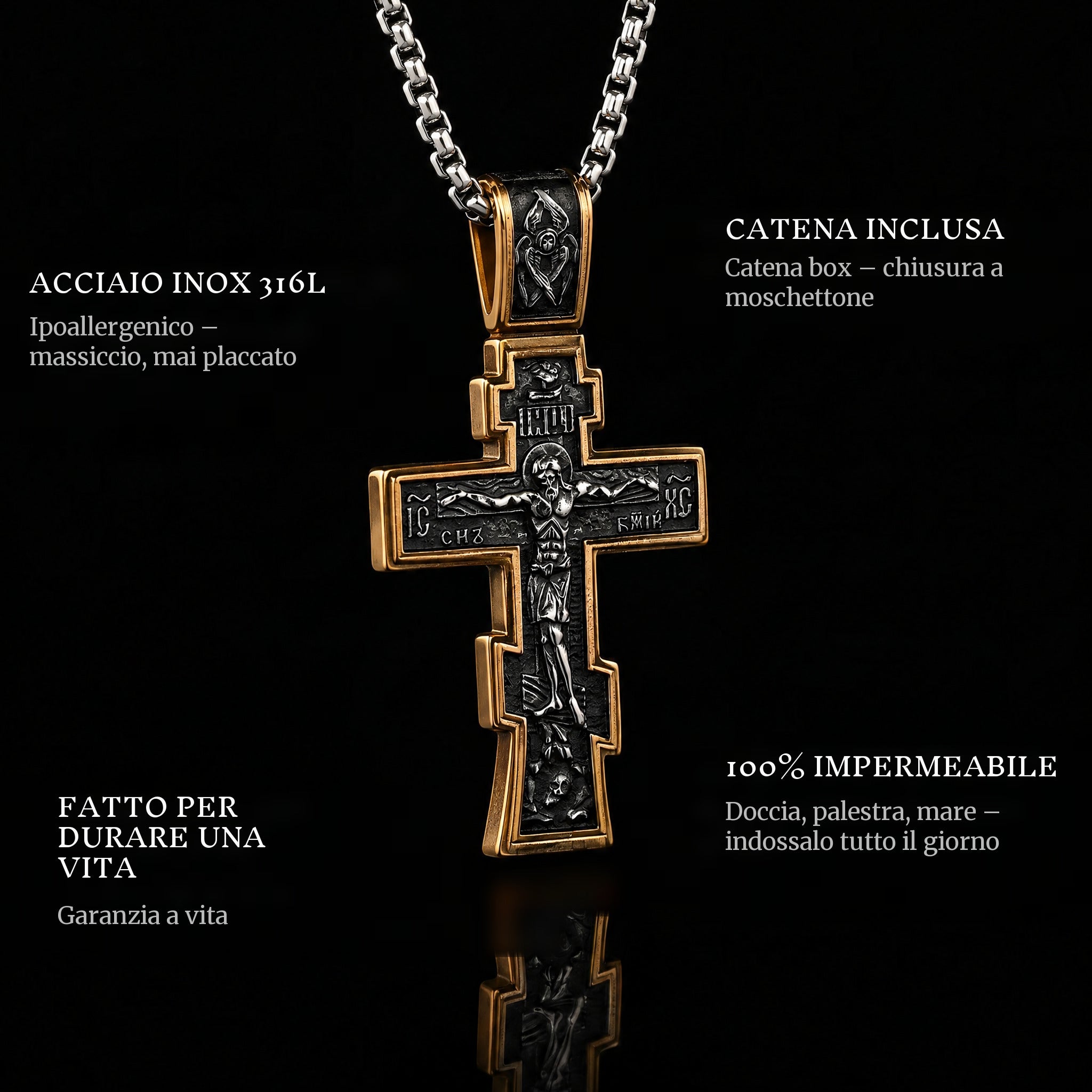 Dark Jesus Cross Gold pendant features: 316L stainless steel, chain included, 100% waterproof, lifetime guarantee