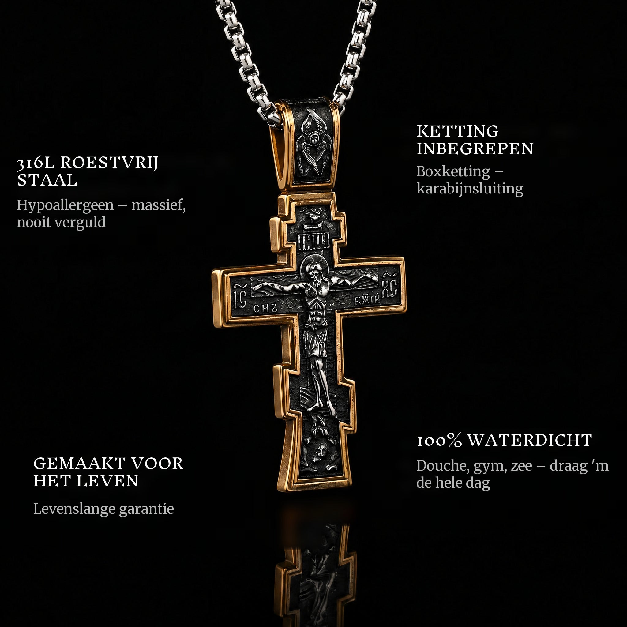 Dark Jesus Cross Gold pendant features: 316L stainless steel, chain included, 100% waterproof, lifetime guarantee