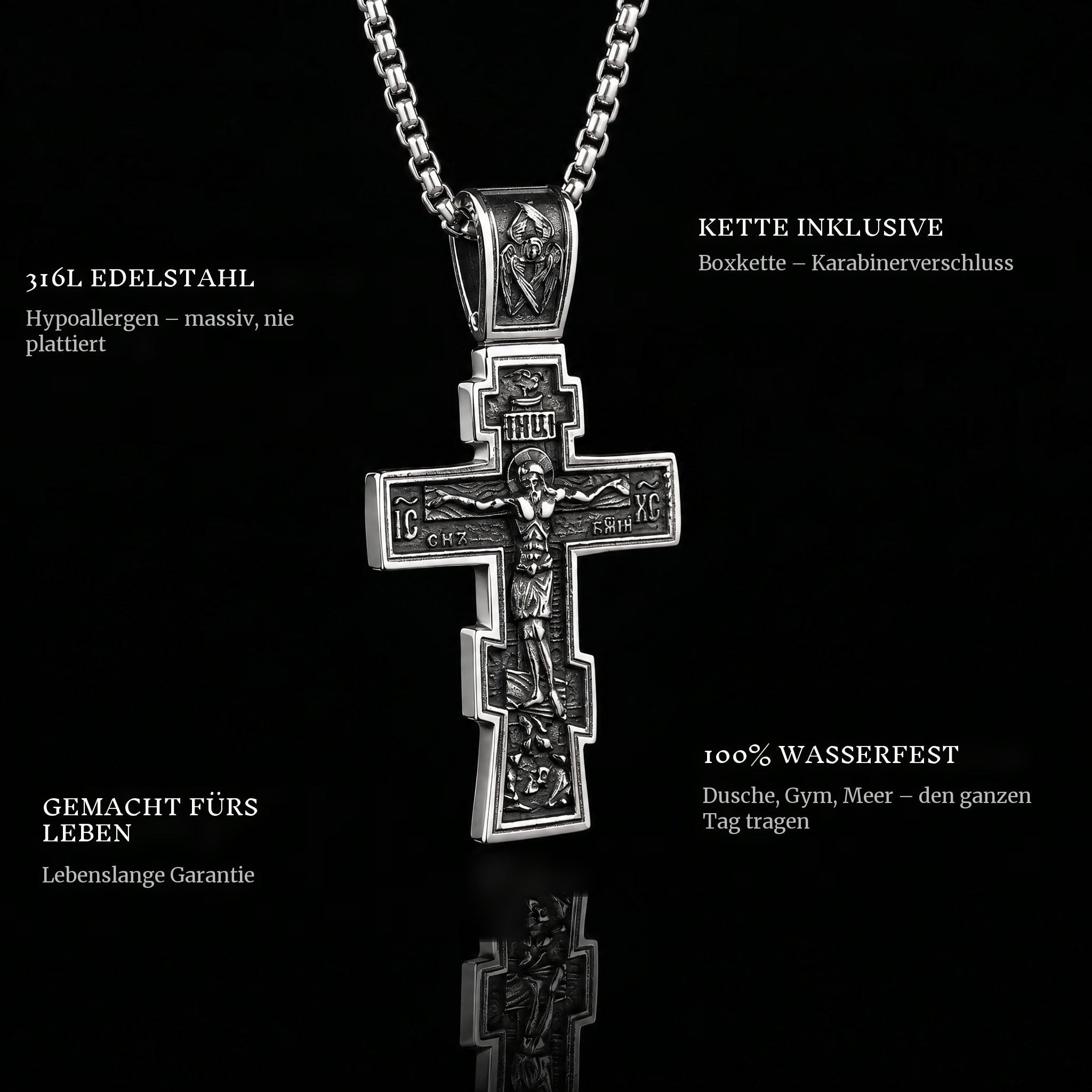 Dark Jesus Cross pendant features: 316L stainless steel, chain included, 100% waterproof, lifetime guarantee