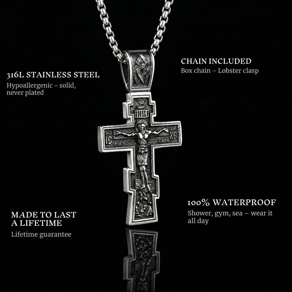 Dark Jesus Cross pendant features: 316L stainless steel, chain included, 100% waterproof, lifetime guarantee
