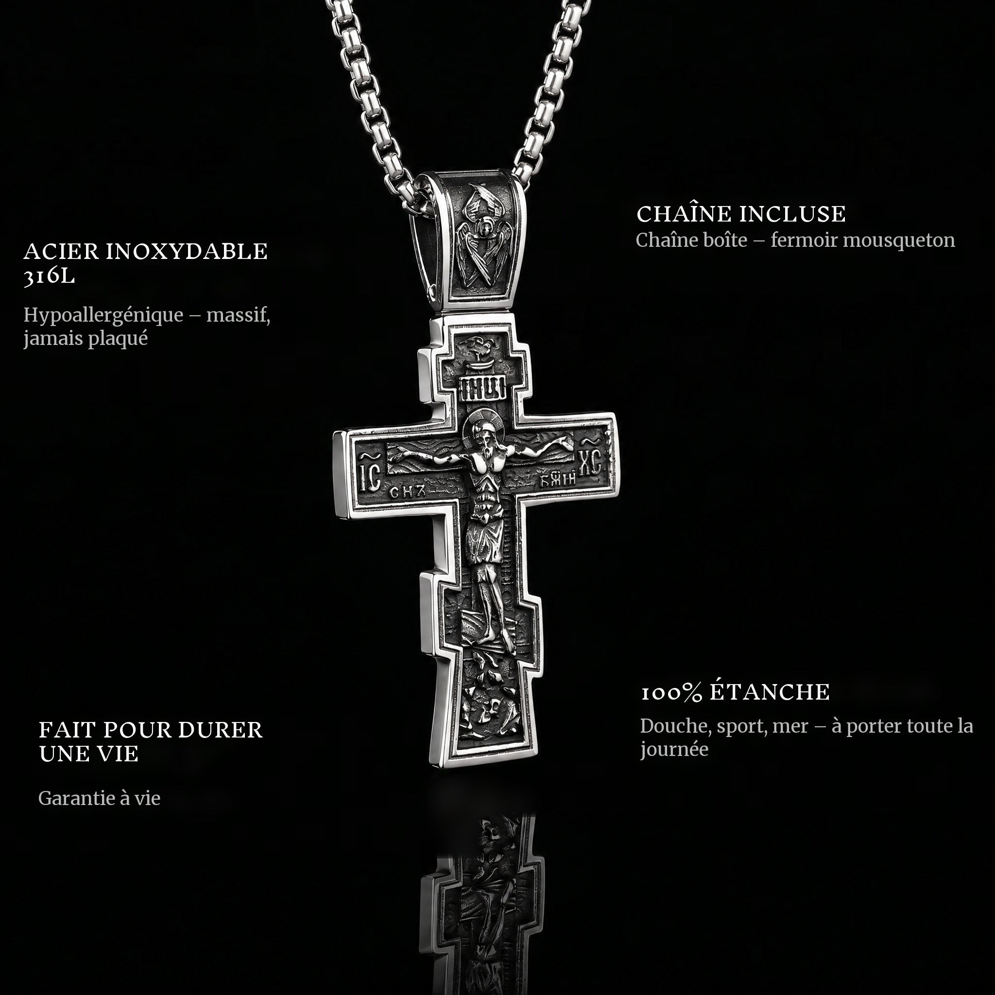 Dark Jesus Cross pendant features: 316L stainless steel, chain included, 100% waterproof, lifetime guarantee