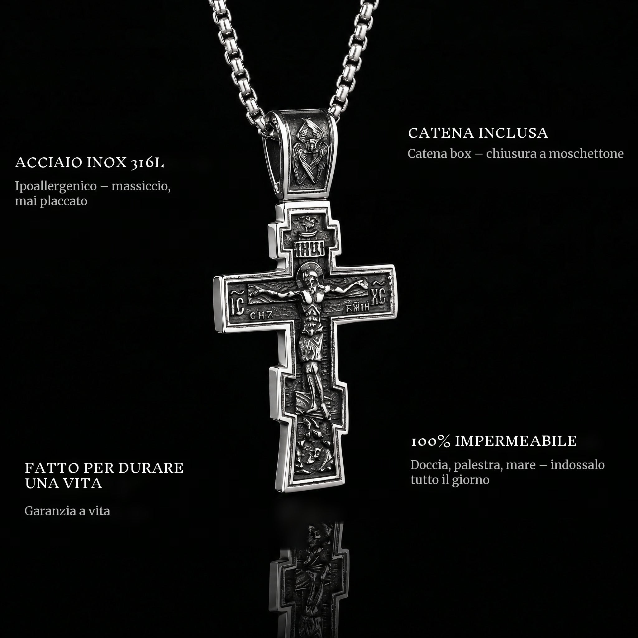 Dark Jesus Cross pendant features: 316L stainless steel, chain included, 100% waterproof, lifetime guarantee