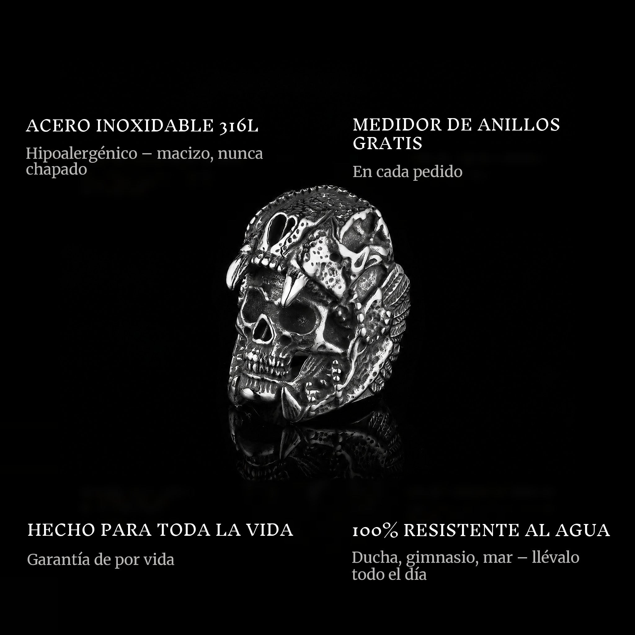 Death Eater ring features: 316L stainless steel, free ring sizer in every order, 100% waterproof, lifetime guarantee