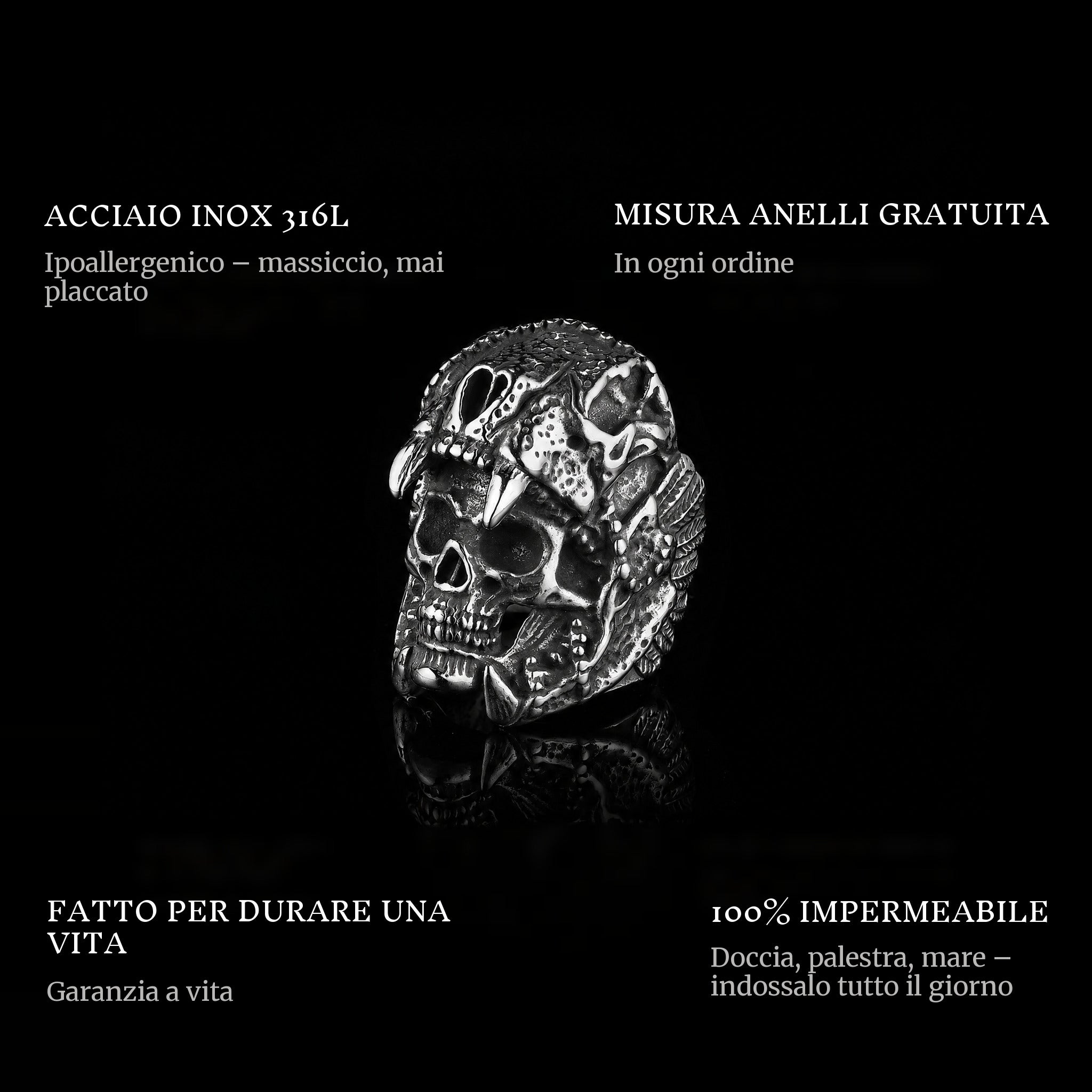 Death Eater ring features: 316L stainless steel, free ring sizer in every order, 100% waterproof, lifetime guarantee