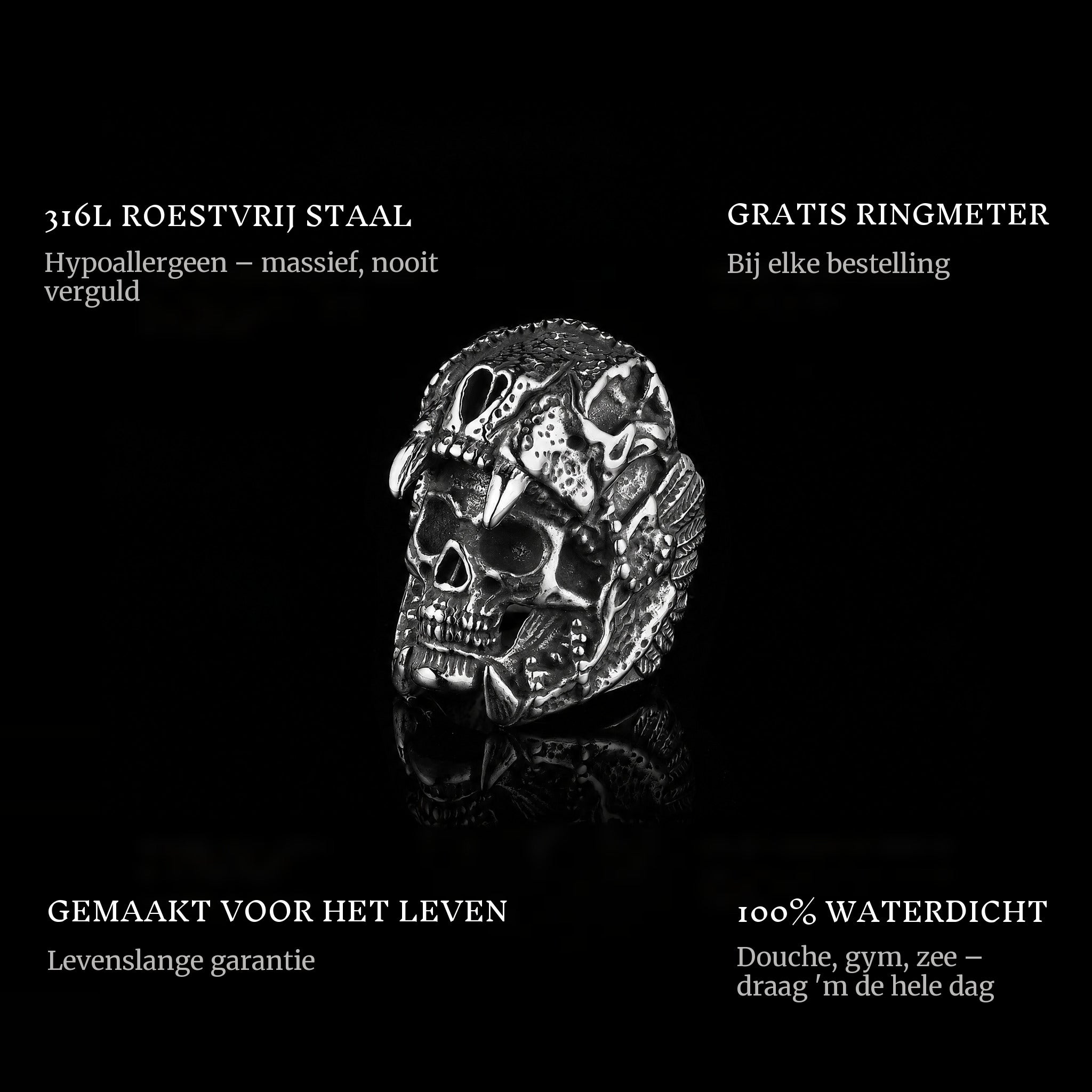 Death Eater ring features: 316L stainless steel, free ring sizer in every order, 100% waterproof, lifetime guarantee