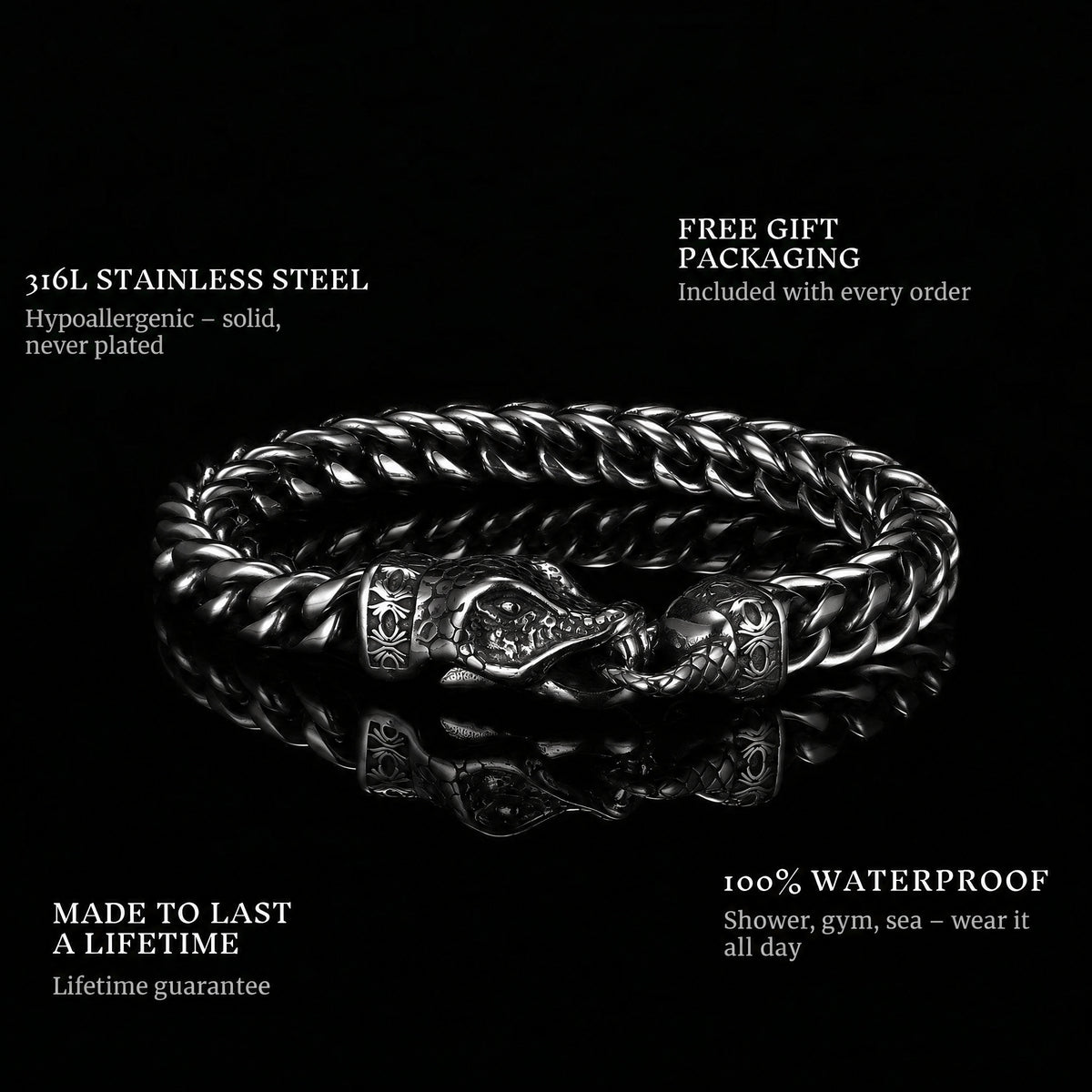 Death Grip features: 316L stainless steel, free gift packaging, 100% waterproof, lifetime guarantee