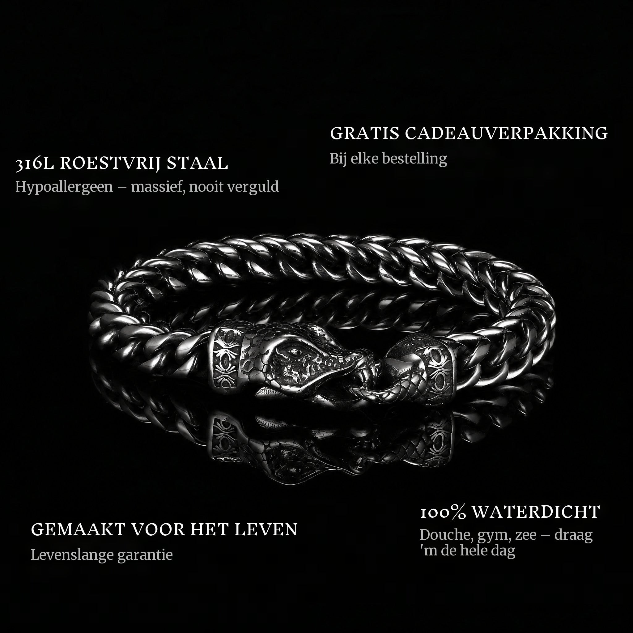 Death Grip features: 316L stainless steel, free gift packaging, 100% waterproof, lifetime guarantee