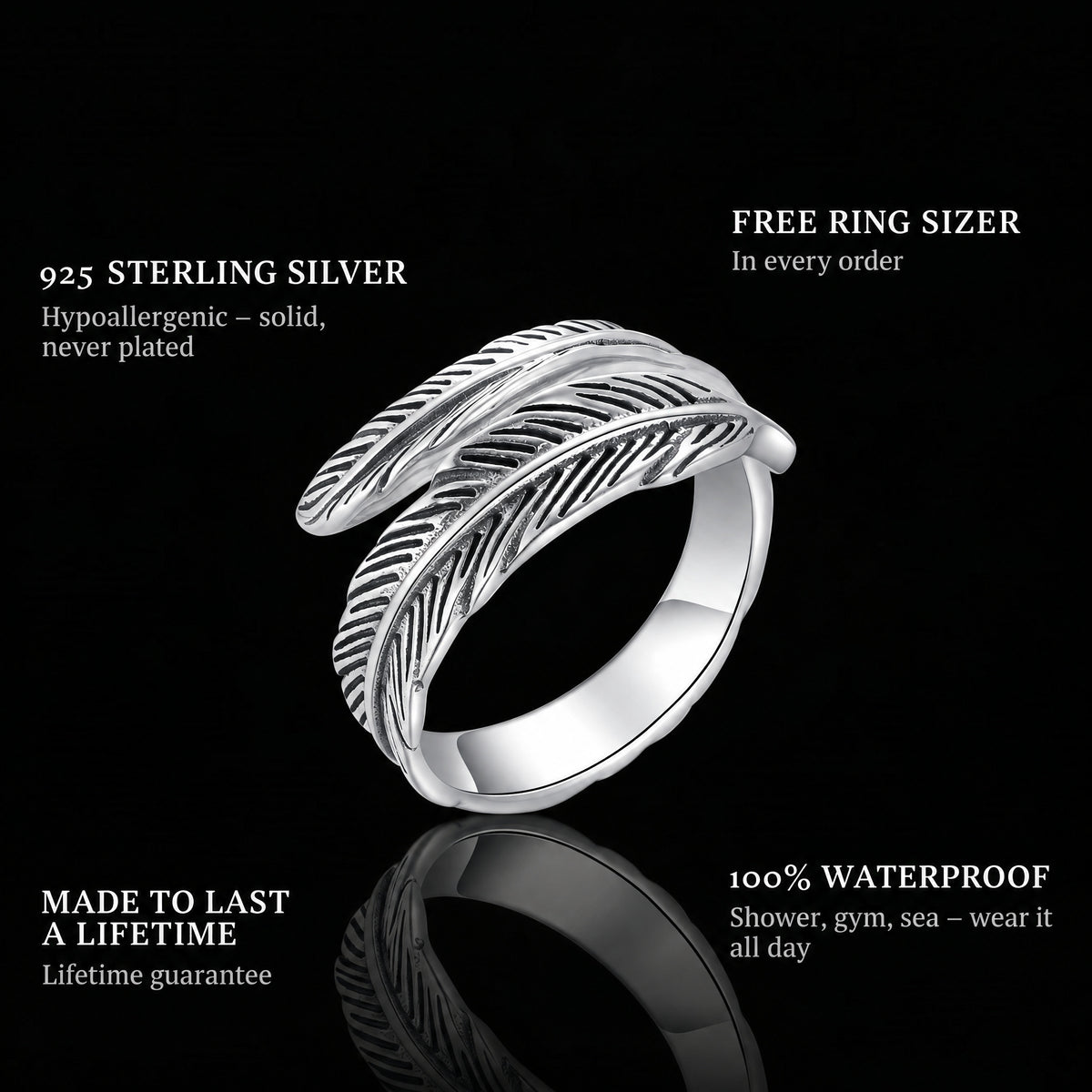 Dodo ring features: 925 sterling silver, free ring sizer in every order, 100% waterproof, lifetime guarantee