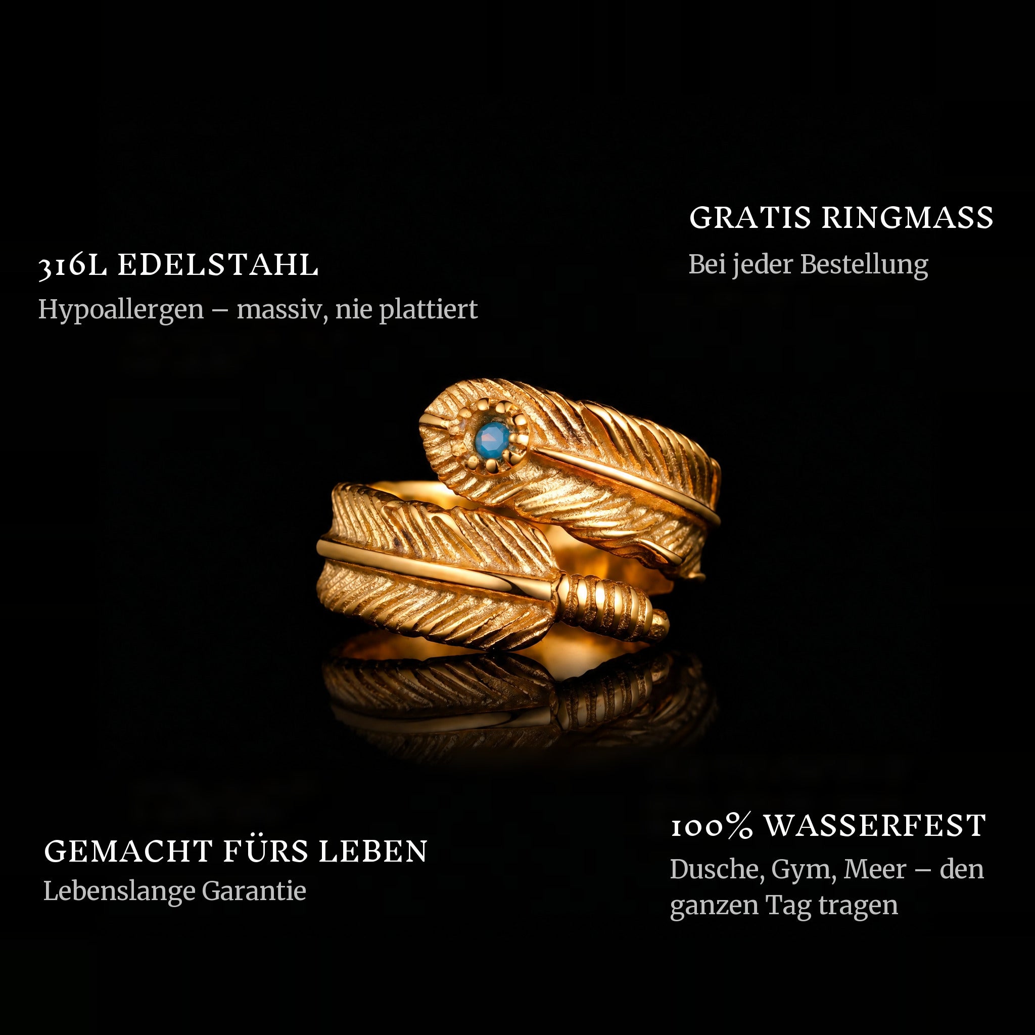 Dodo Gold & Blue ring features: 316L stainless steel, free ring sizer in every order, 100% waterproof, lifetime guarantee