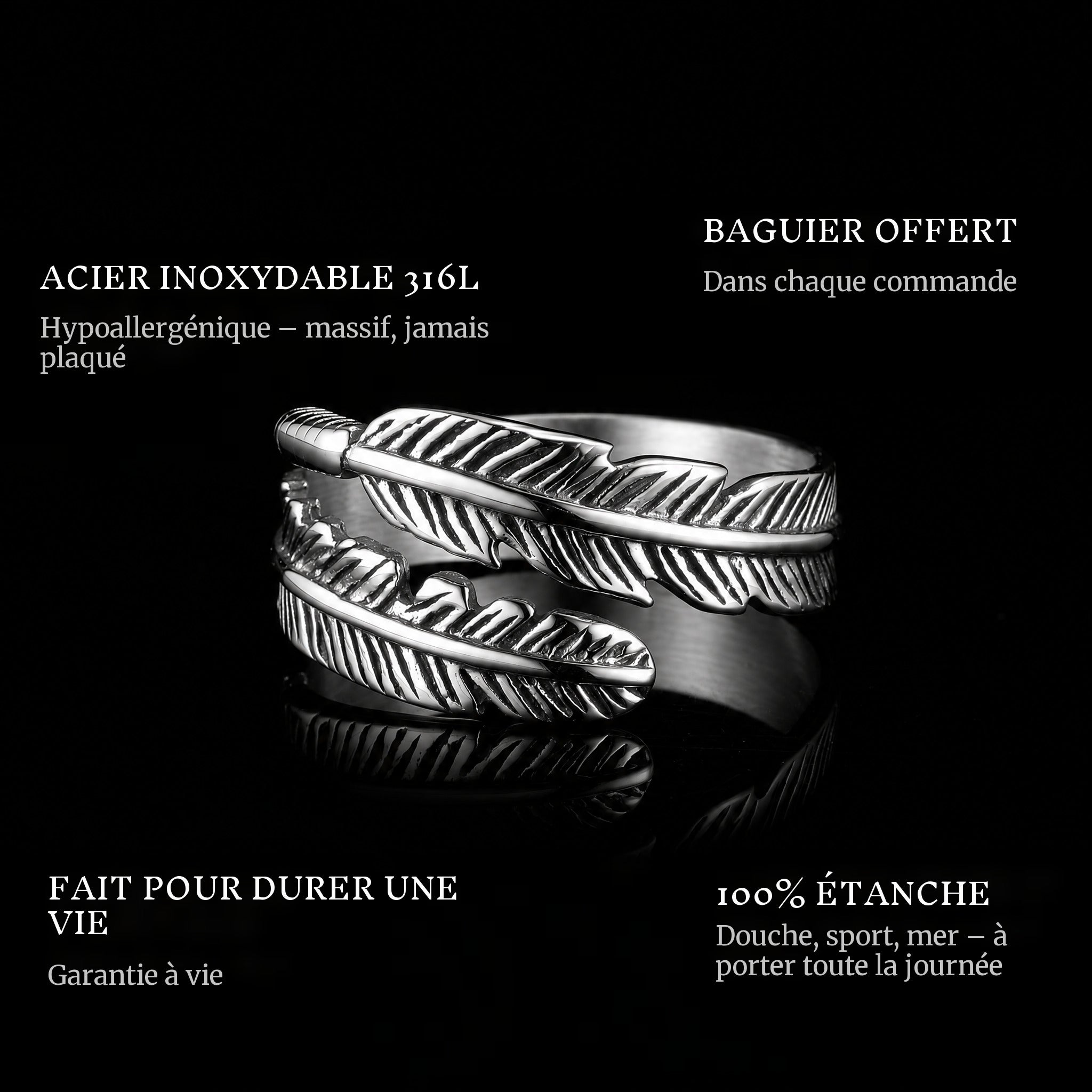 Dodo ring features: 316L stainless steel, free ring sizer in every order, 100% waterproof, lifetime guarantee