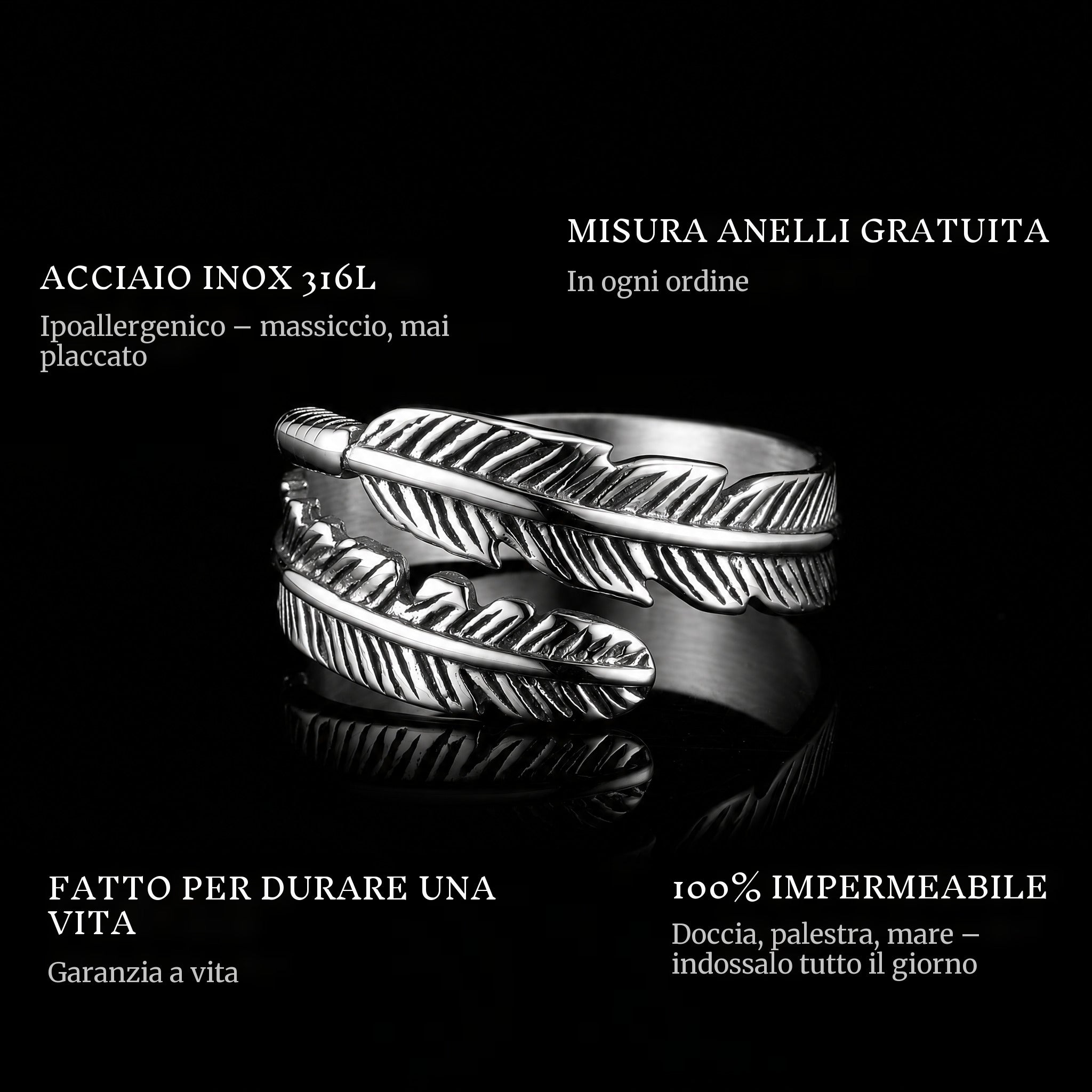Dodo ring features: 316L stainless steel, free ring sizer in every order, 100% waterproof, lifetime guarantee