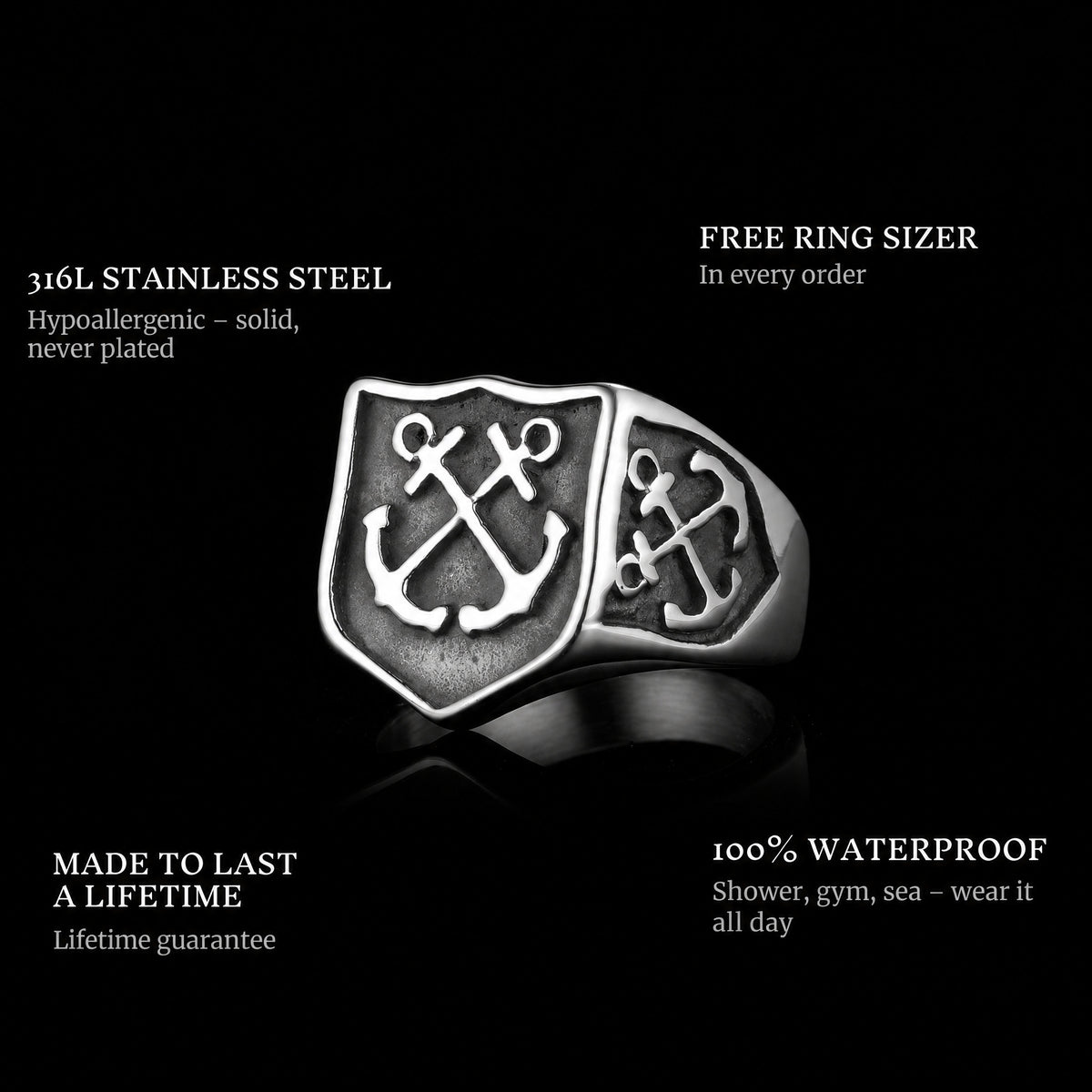 Don'T Cross ring features: 316L stainless steel, free ring sizer in every order, 100% waterproof, lifetime guarantee
