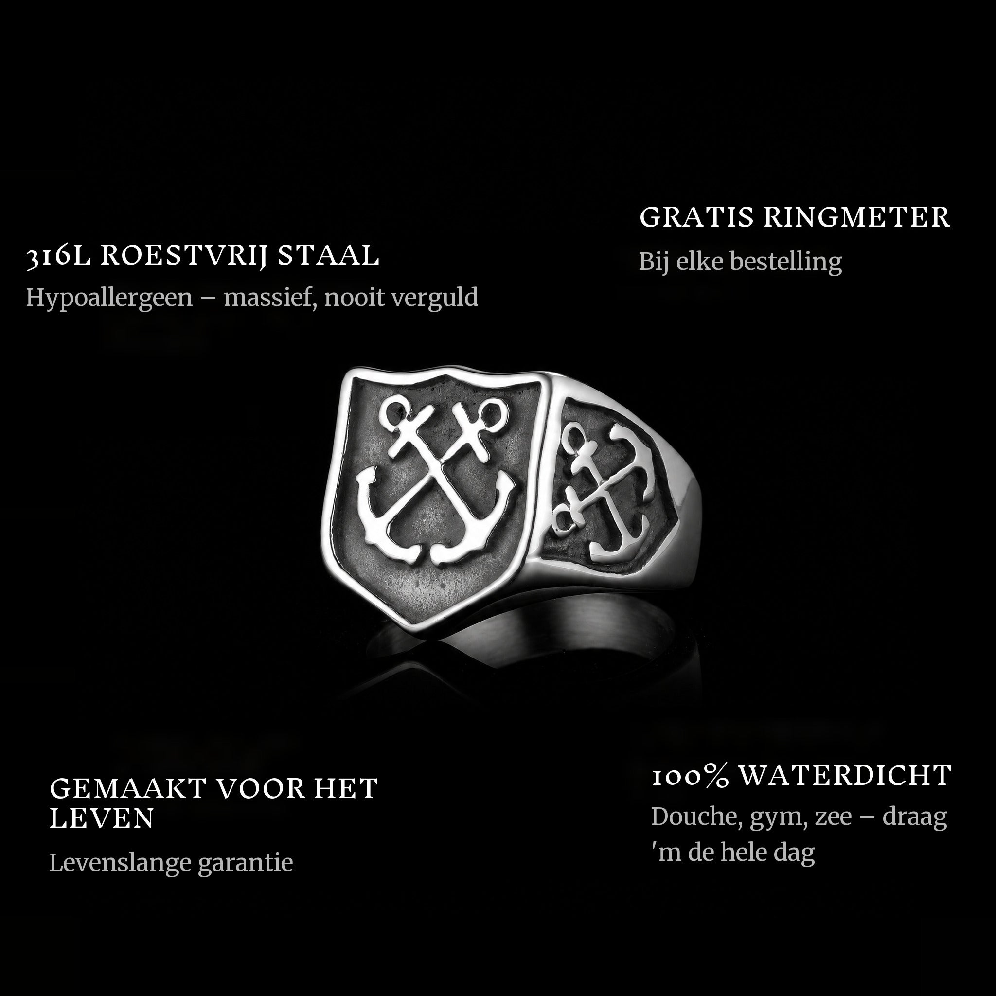 Don'T Cross ring features: 316L stainless steel, free ring sizer in every order, 100% waterproof, lifetime guarantee