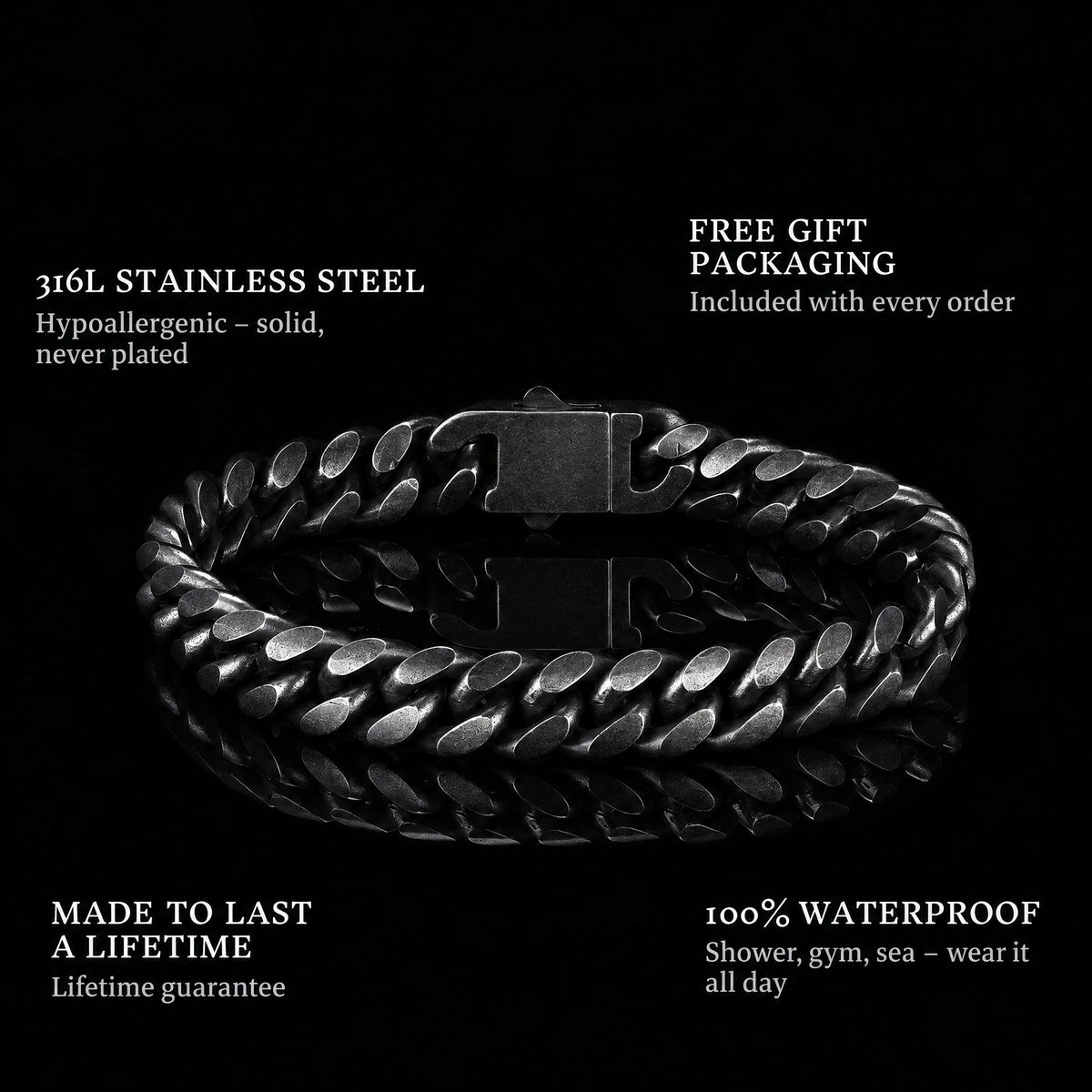 Enforcer features: 316L stainless steel, free gift packaging, 100% waterproof, lifetime guarantee
