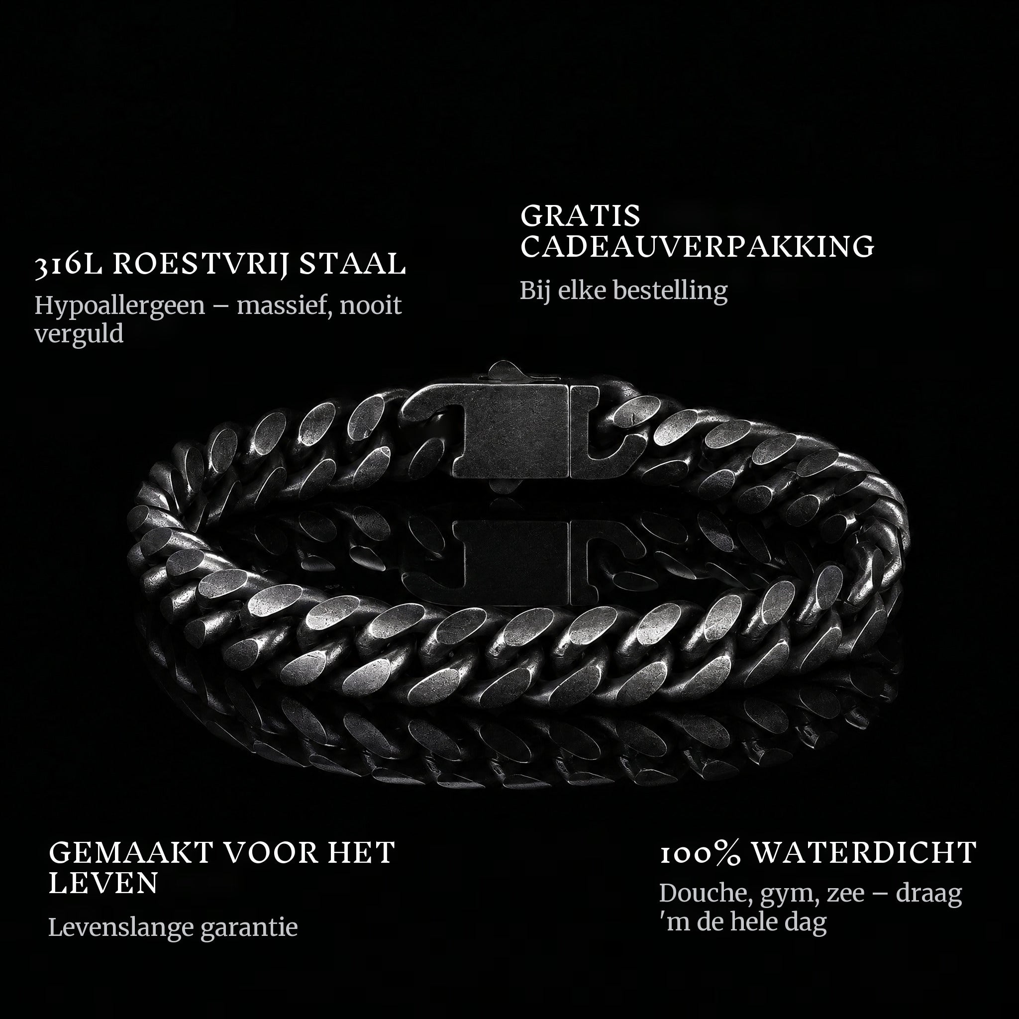 Enforcer features: 316L stainless steel, free gift packaging, 100% waterproof, lifetime guarantee