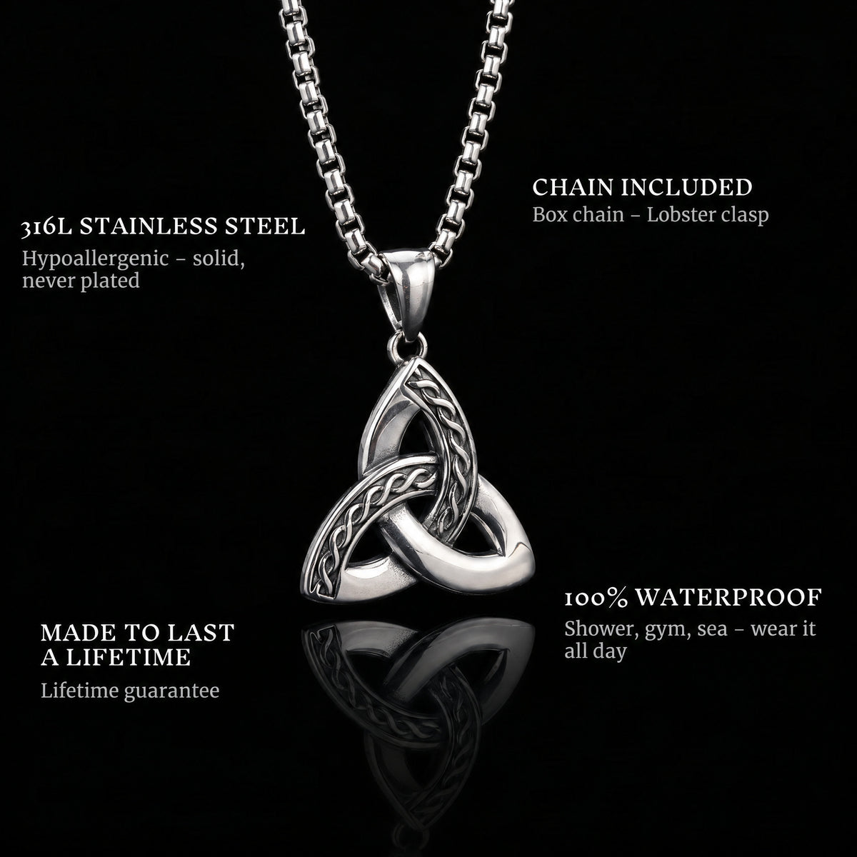 Eternal Bond pendant features: 316L stainless steel, chain included, 100% waterproof, lifetime guarantee