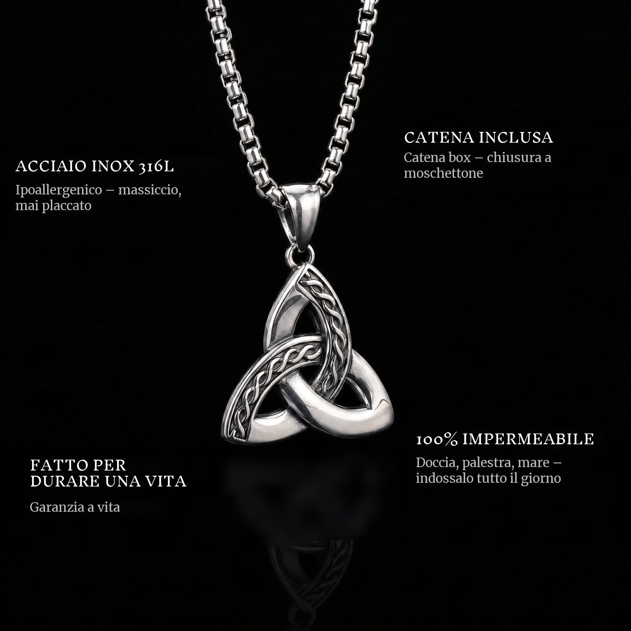 Eternal Bond pendant features: 316L stainless steel, chain included, 100% waterproof, lifetime guarantee