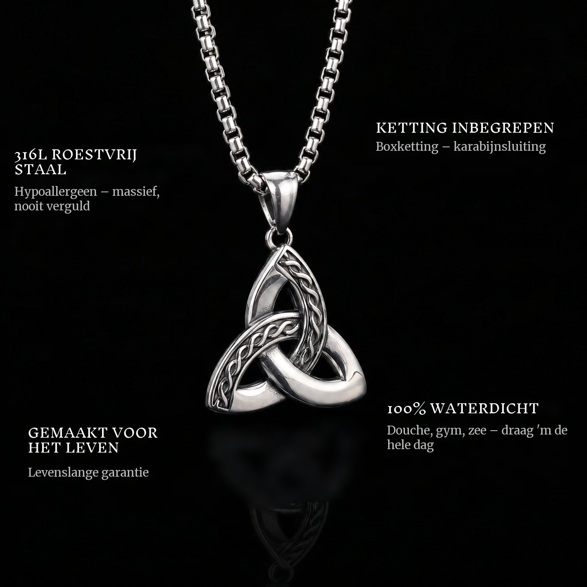 Eternal Bond pendant features: 316L stainless steel, chain included, 100% waterproof, lifetime guarantee