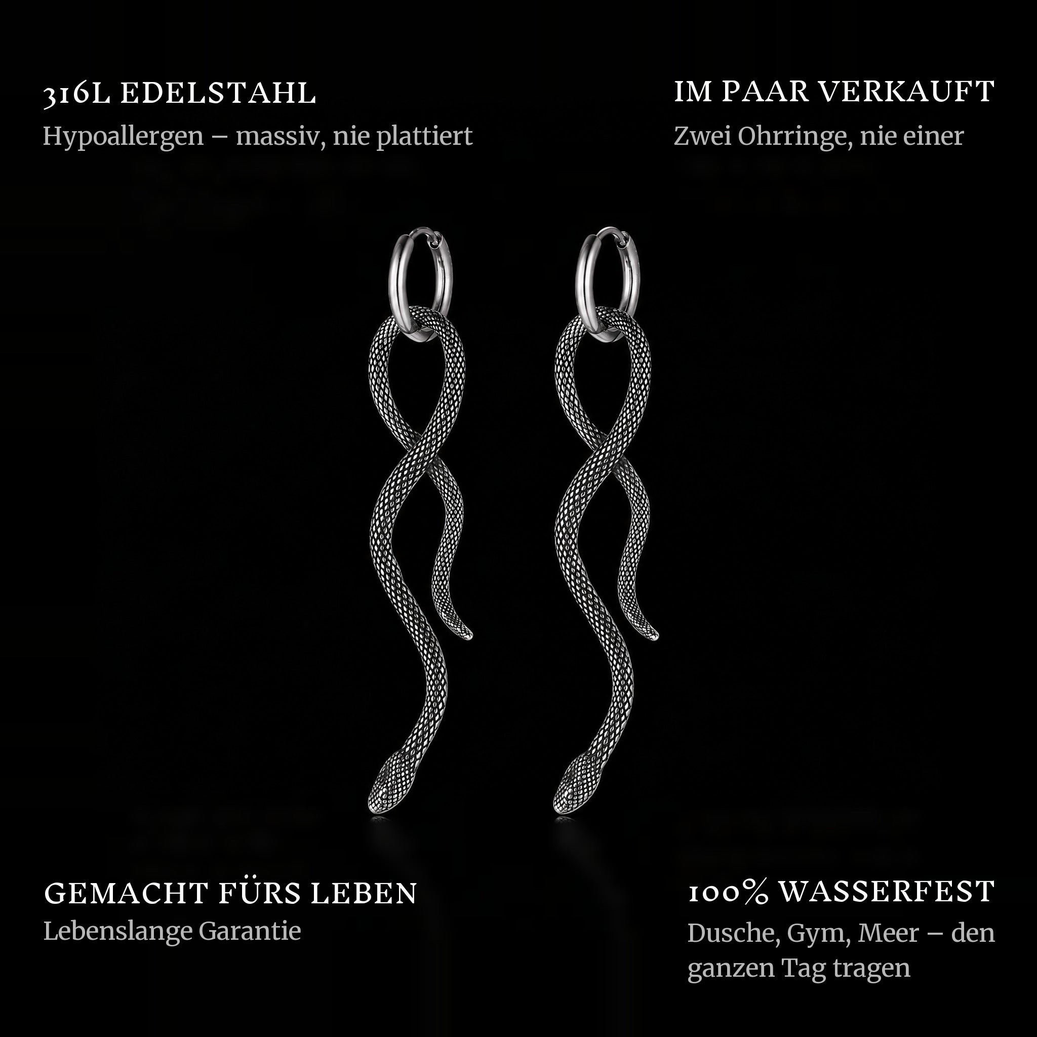 Eternal Slither Earrings features: 316L stainless steel, sold as a pair, 100% waterproof, lifetime guarantee
