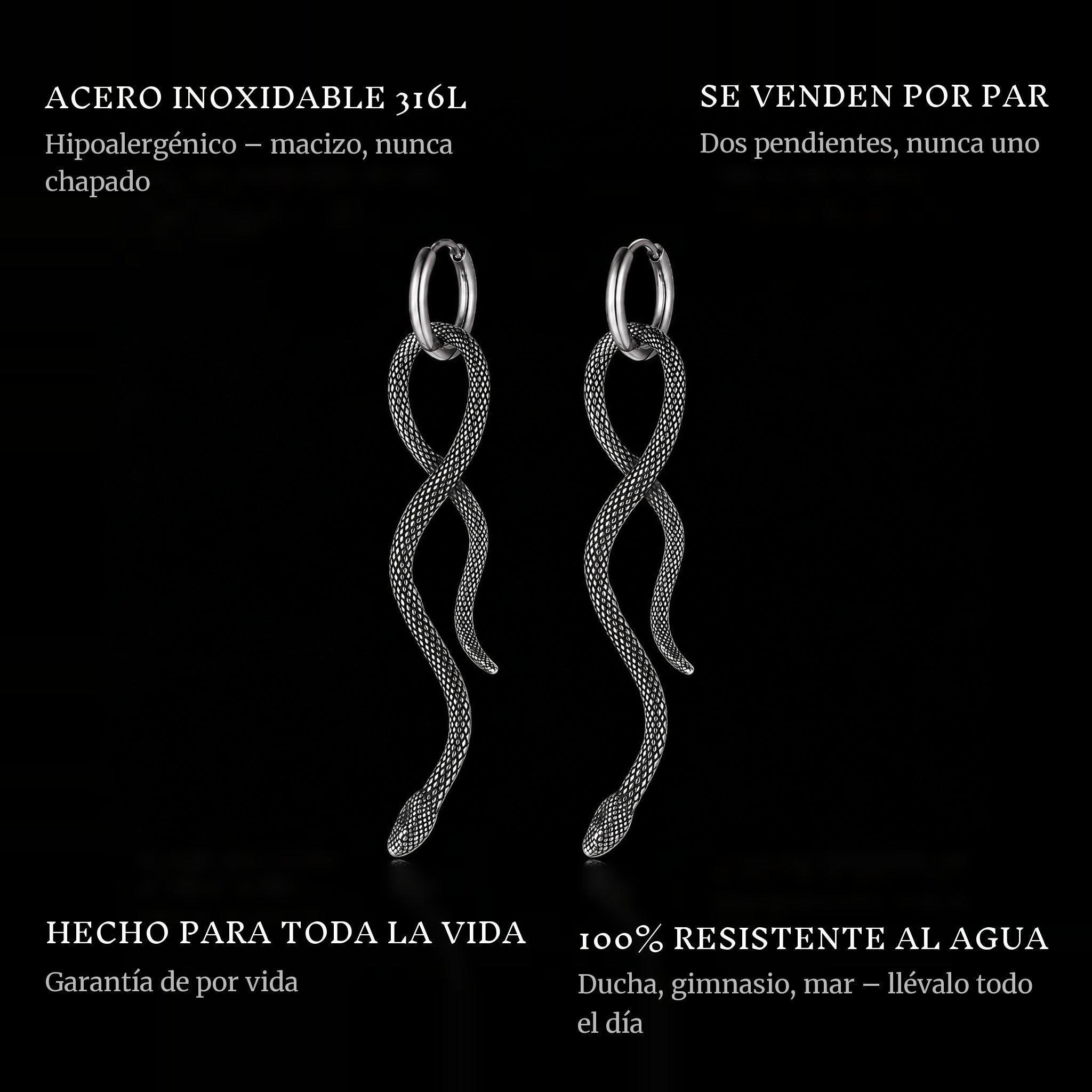 Eternal Slither Earrings features: 316L stainless steel, sold as a pair, 100% waterproof, lifetime guarantee