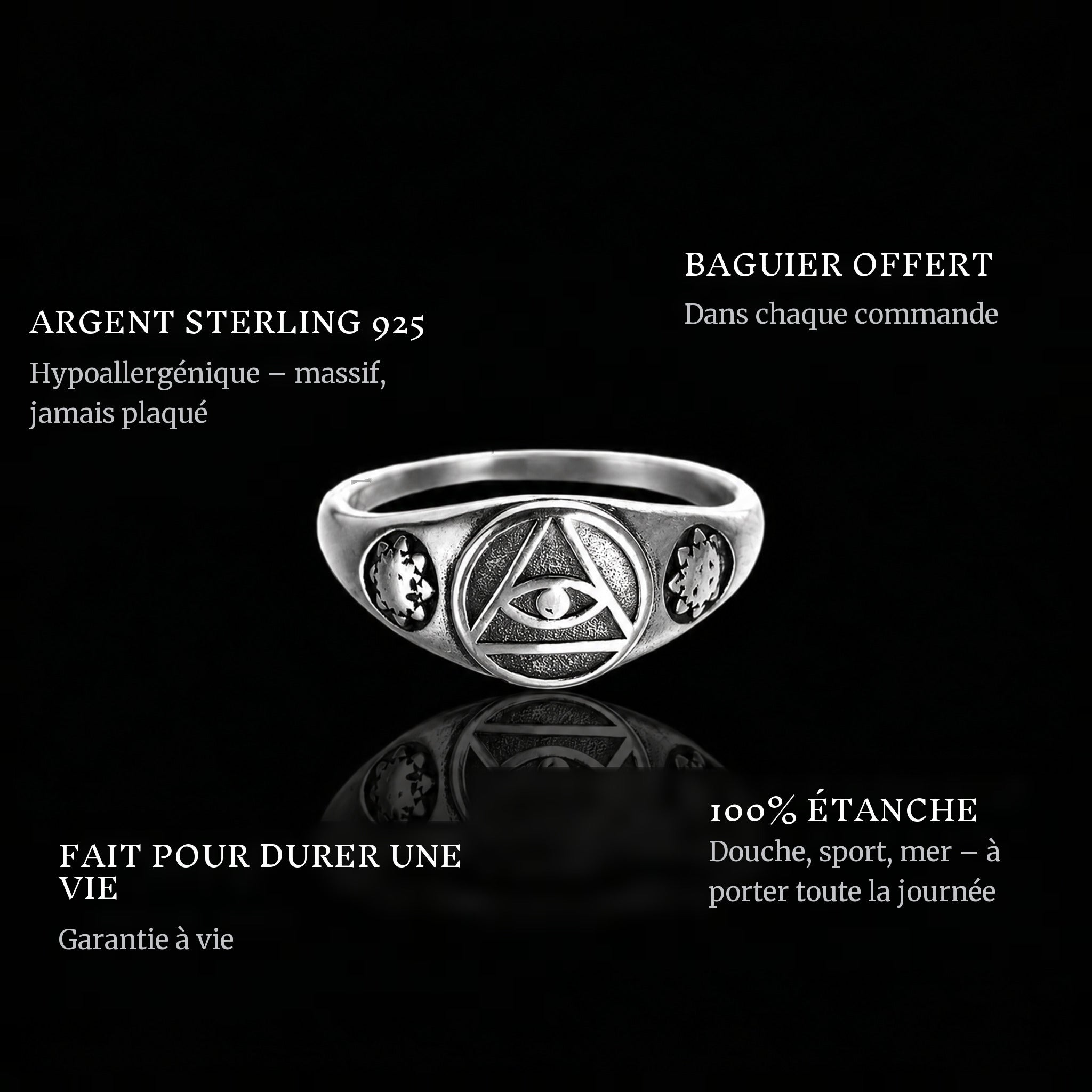 Eye Of The Sky ring features: 925 sterling silver, free ring sizer in every order, 100% waterproof, lifetime guarantee