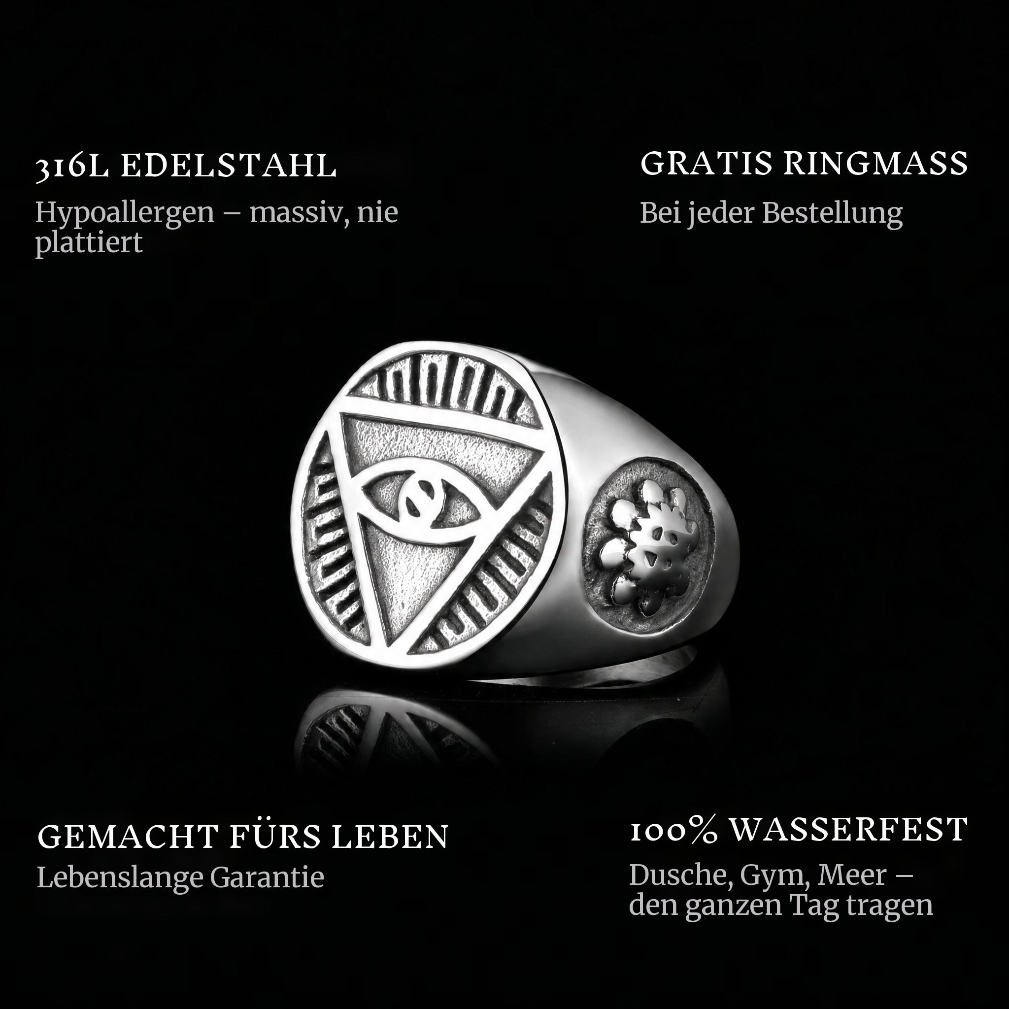 Eye Of The Sky ring features: 316L stainless steel, free ring sizer in every order, 100% waterproof, lifetime guarantee