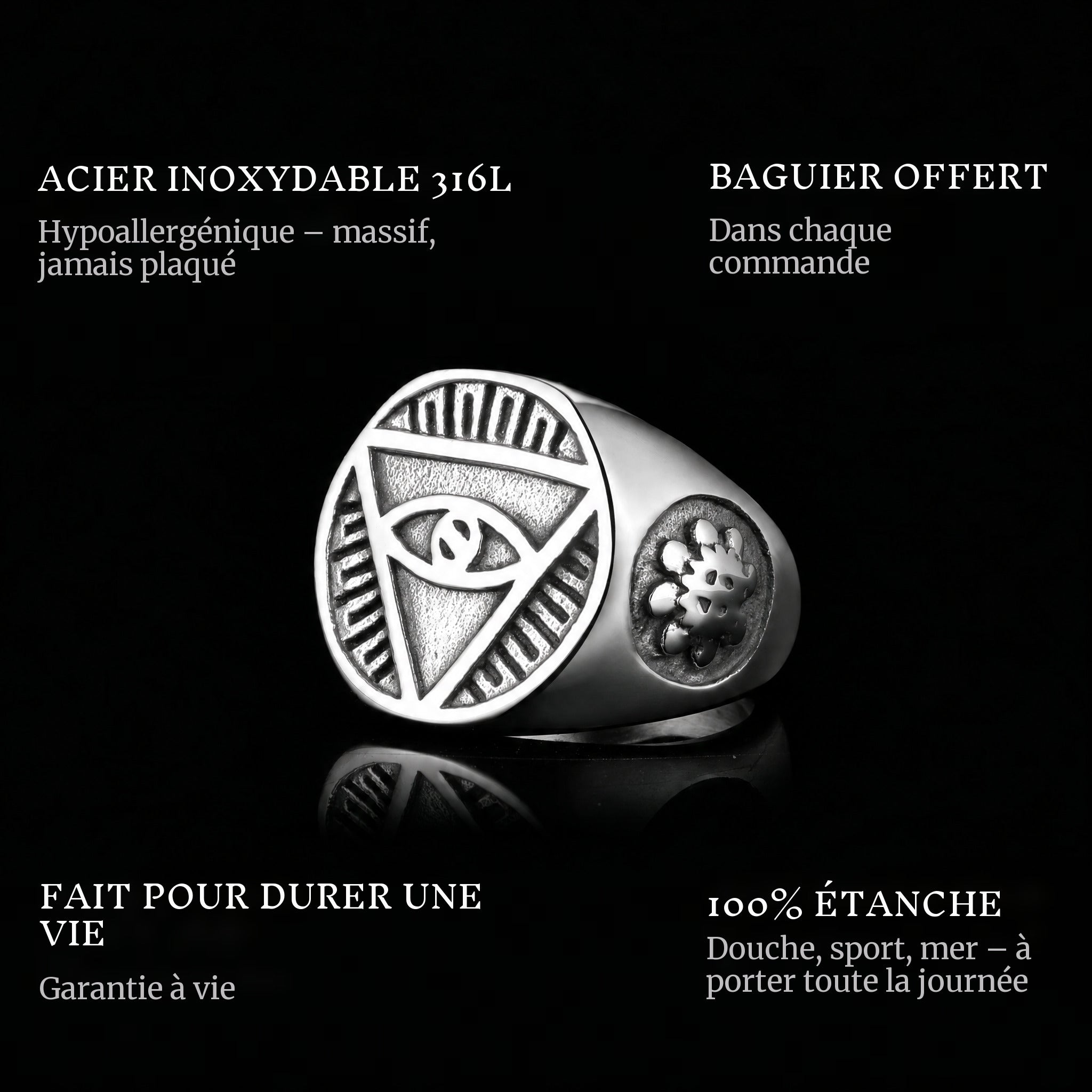 Eye Of The Sky ring features: 316L stainless steel, free ring sizer in every order, 100% waterproof, lifetime guarantee