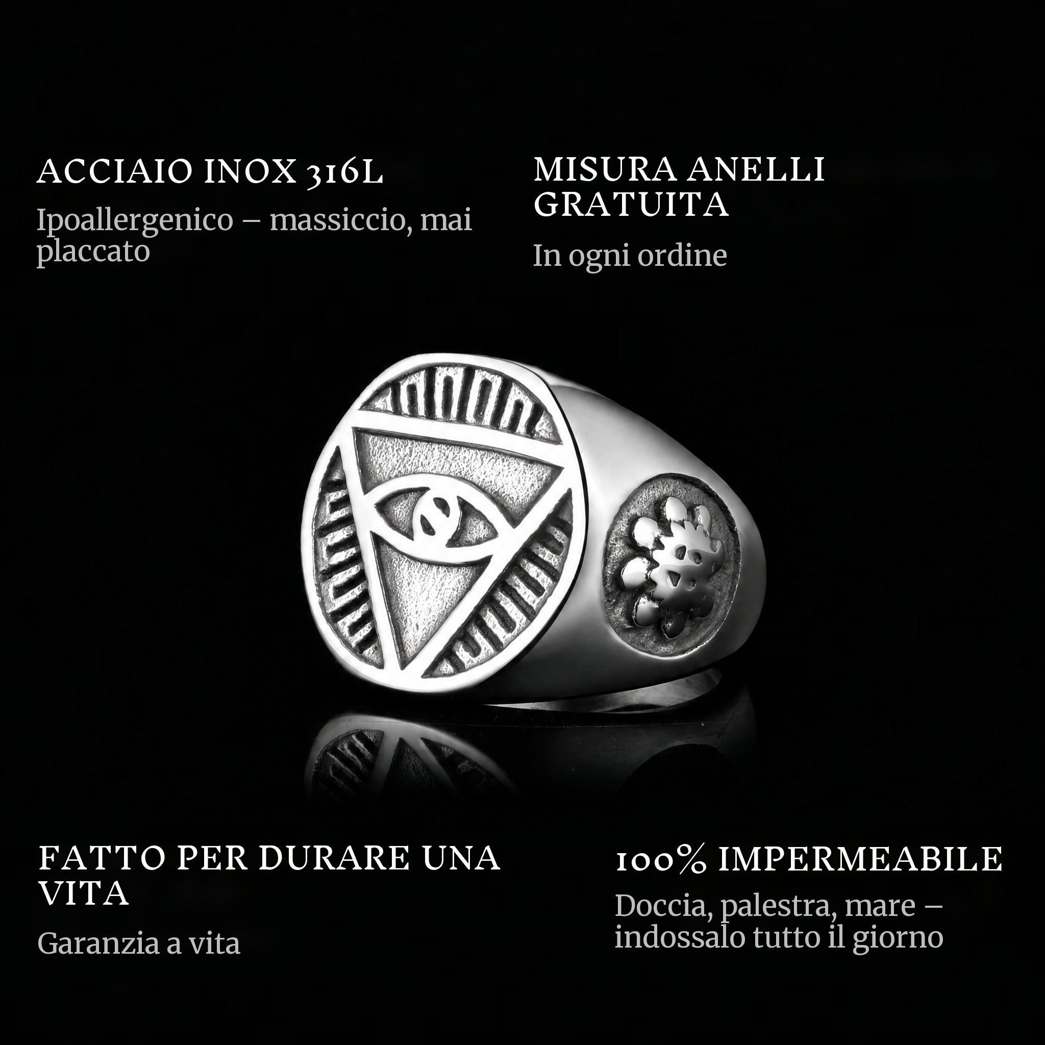 Eye Of The Sky ring features: 316L stainless steel, free ring sizer in every order, 100% waterproof, lifetime guarantee