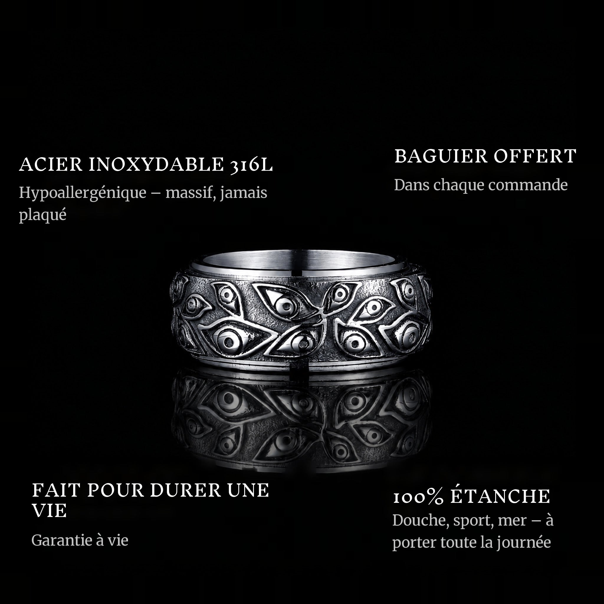 The Eyes ring features: 316L stainless steel, free ring sizer in every order, 100% waterproof, lifetime guarantee