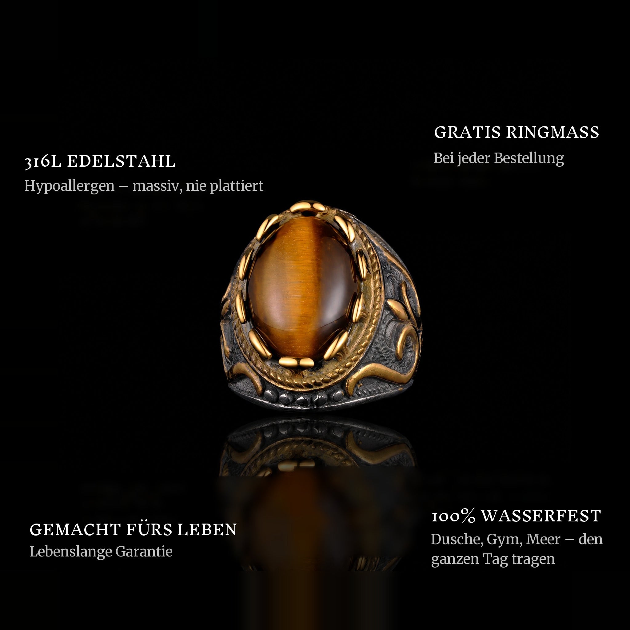 Farao ring features: 316L stainless steel, free ring sizer in every order, 100% waterproof, lifetime guarantee