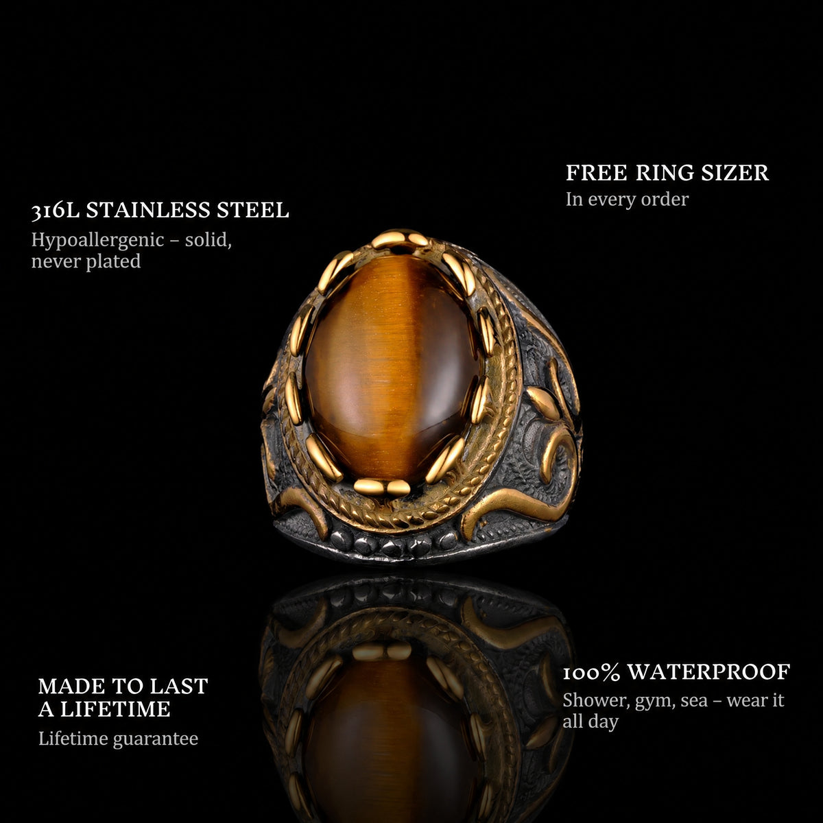 Farao ring features: 316L stainless steel, free ring sizer in every order, 100% waterproof, lifetime guarantee