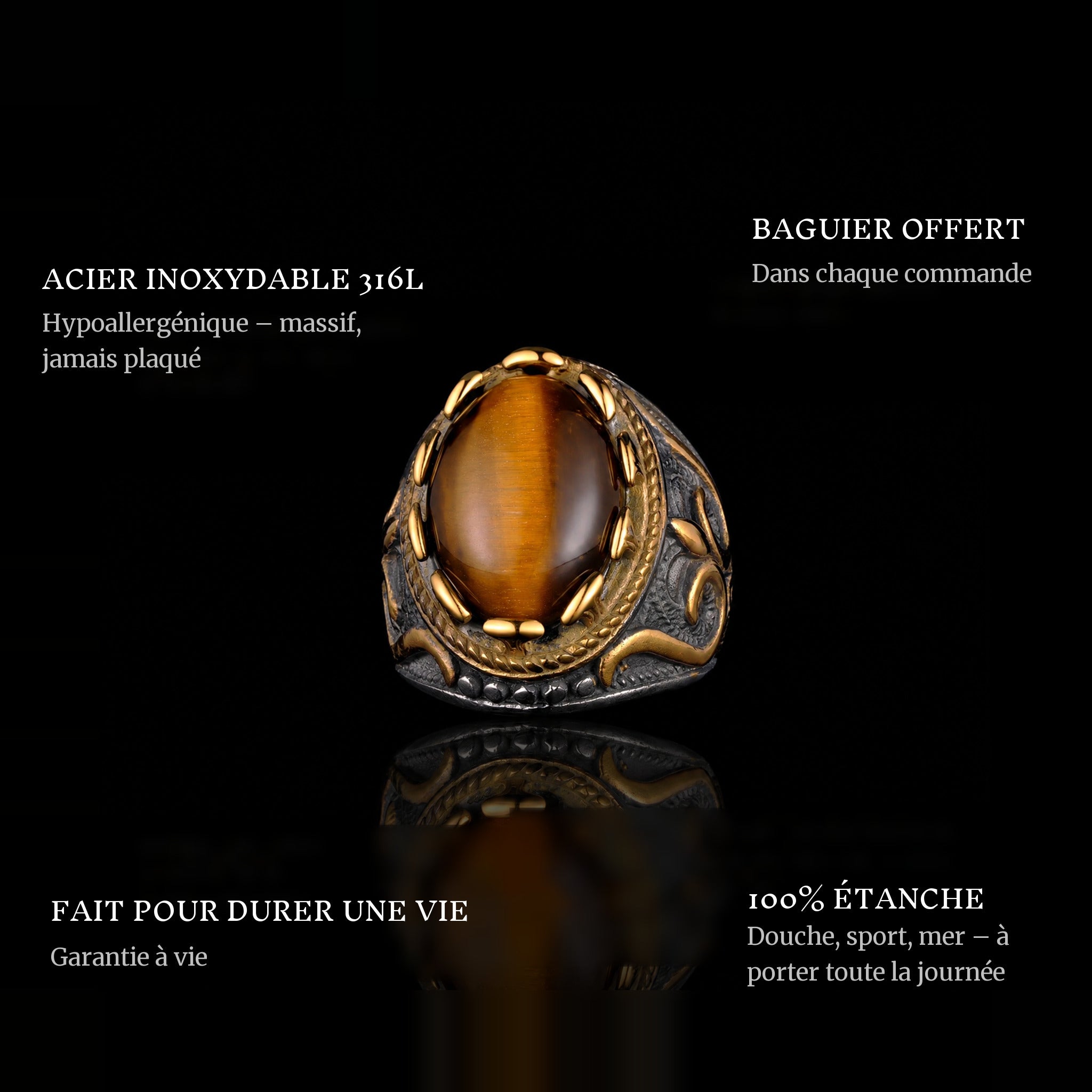 Farao ring features: 316L stainless steel, free ring sizer in every order, 100% waterproof, lifetime guarantee